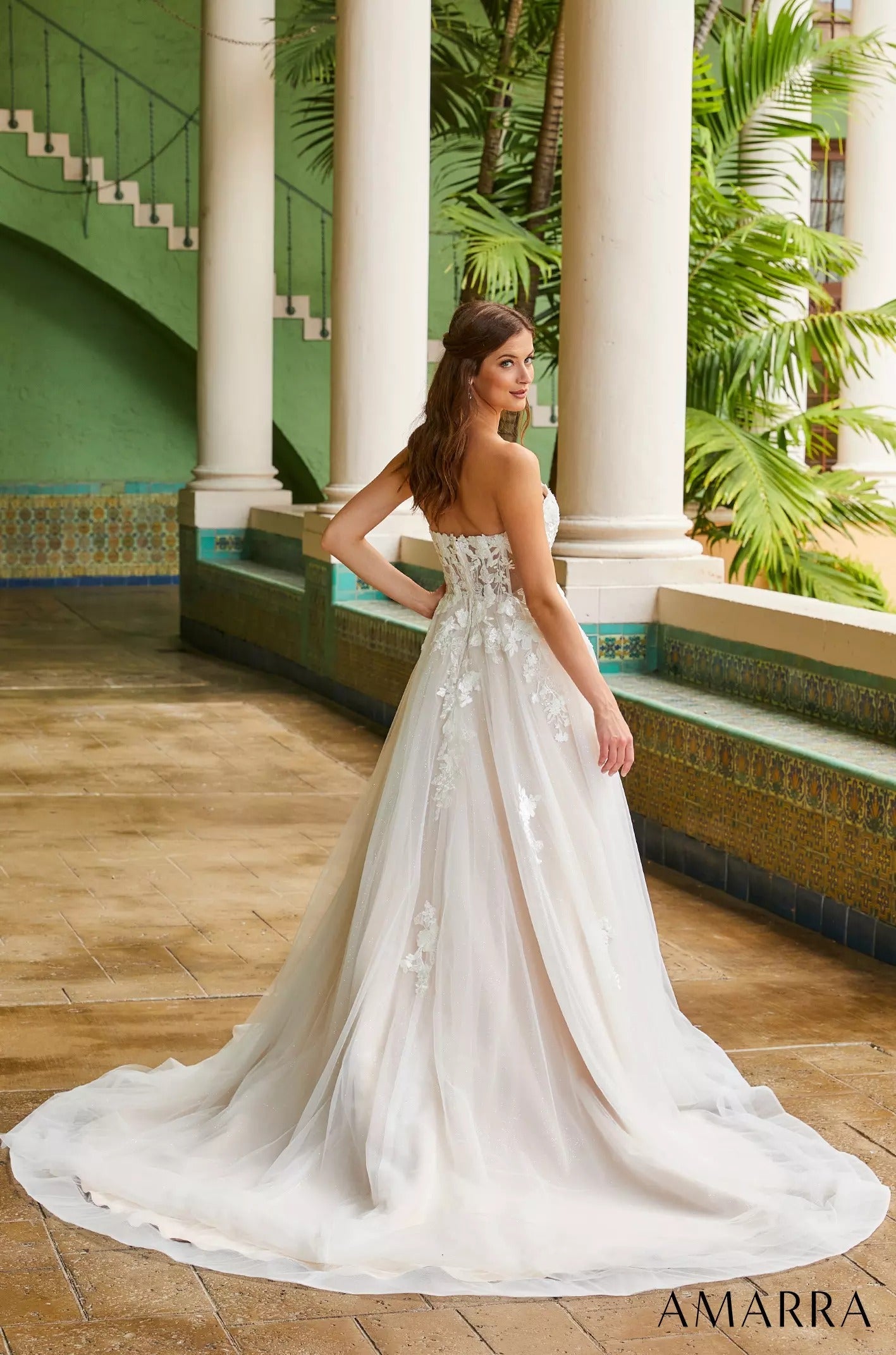 Wedding Dresses Floral Lace A Line Bridal Long Wedding Dress Amarra 84389 Ivory/Nude