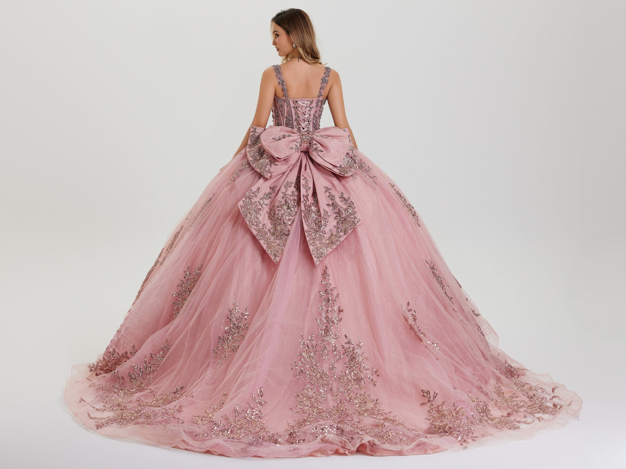 Quinceniera Dresses Long Floral Ball Gown Beaded Quinceanera Dress Mauve-Tulle-26406-Beaded