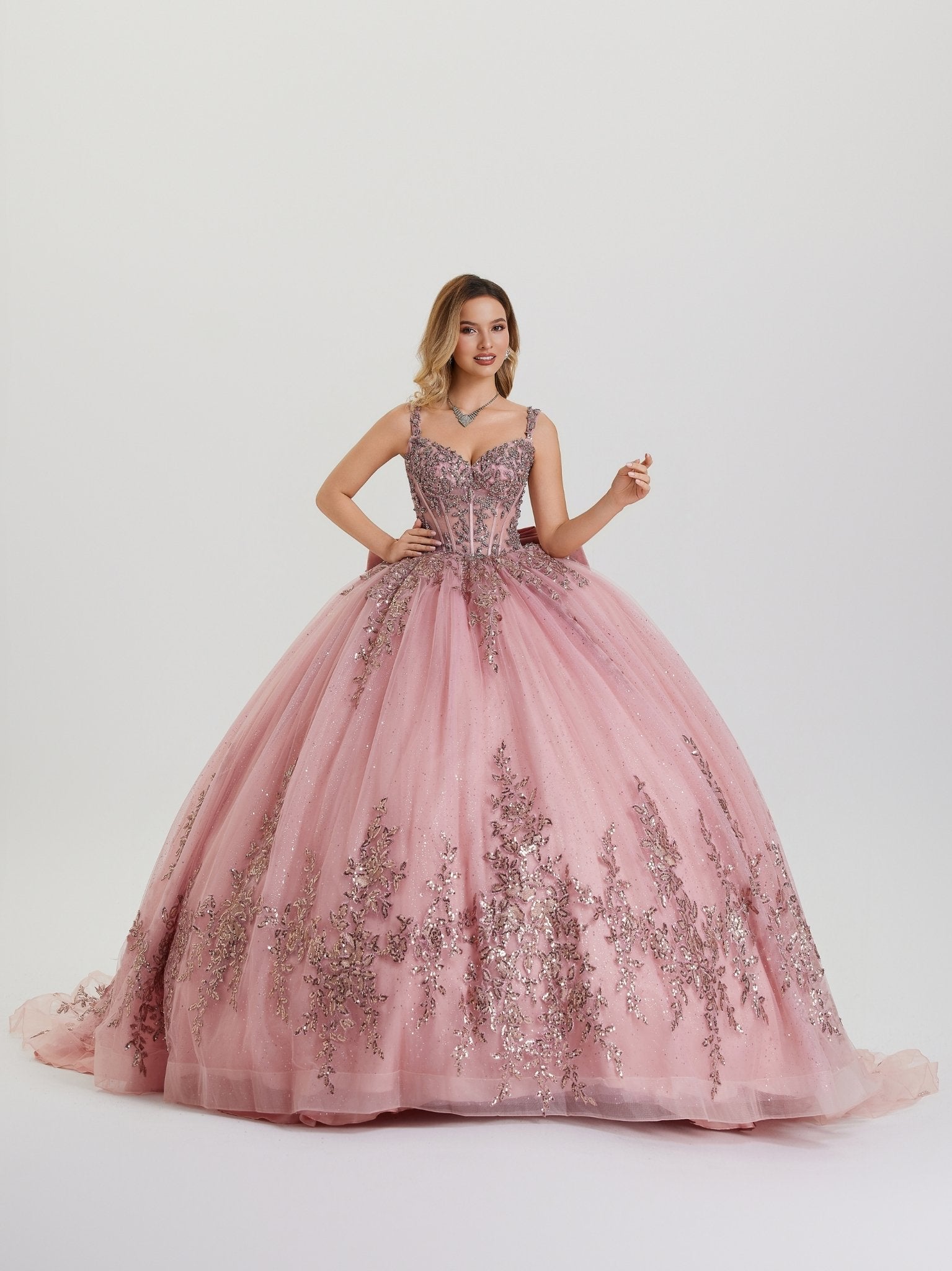 Quinceniera Dresses Long Floral Ball Gown Beaded Quinceanera Dress Mauve-Tulle-26406-Beaded