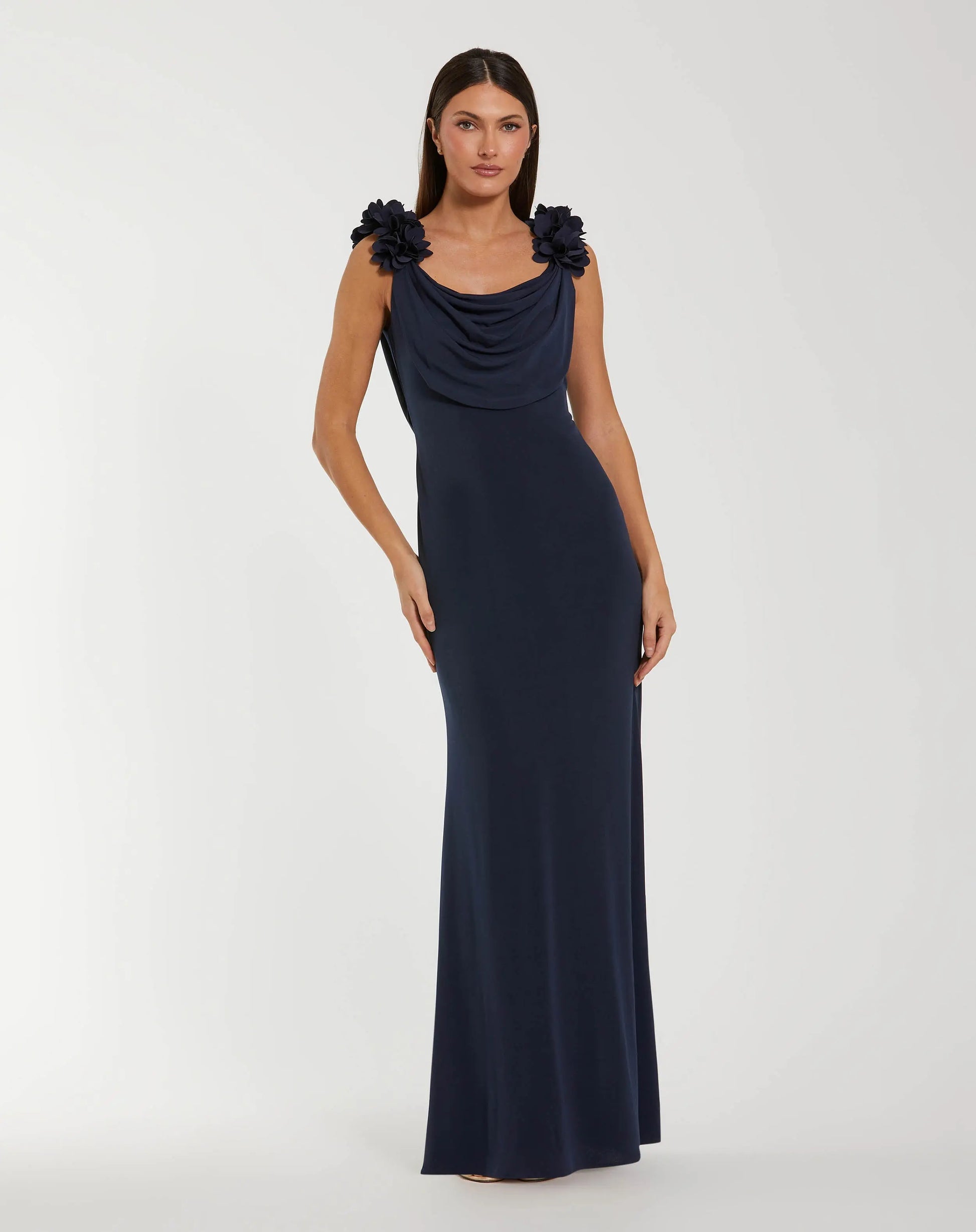 Long Fitted Formal Gown - 3D Floral - Mac Duggal 56195 Midnight-Jersey-56195-Cowl