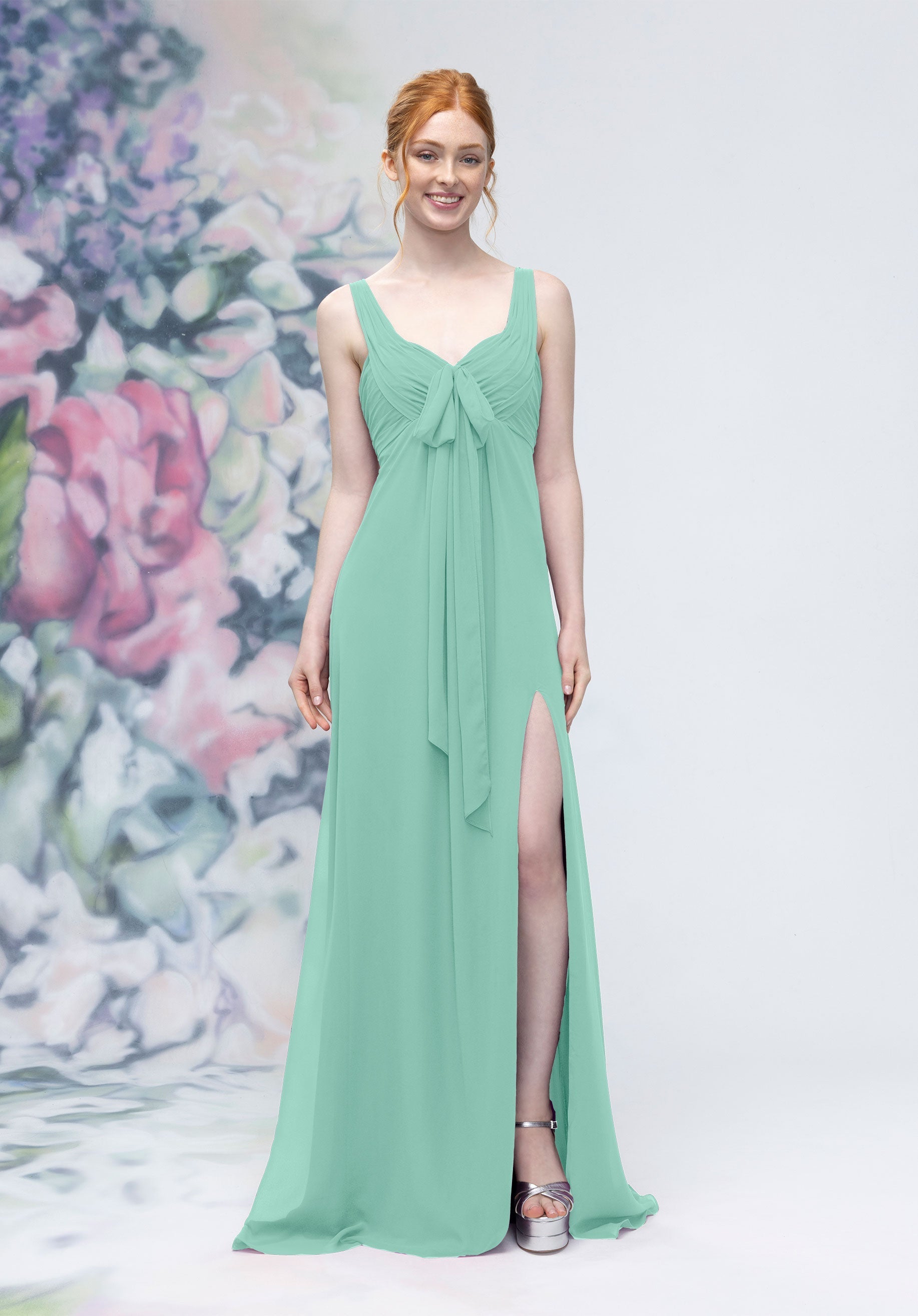 Formal Dresses A Line Long Formal Slit Dress Mint-Chiffon-3030009-Pleated