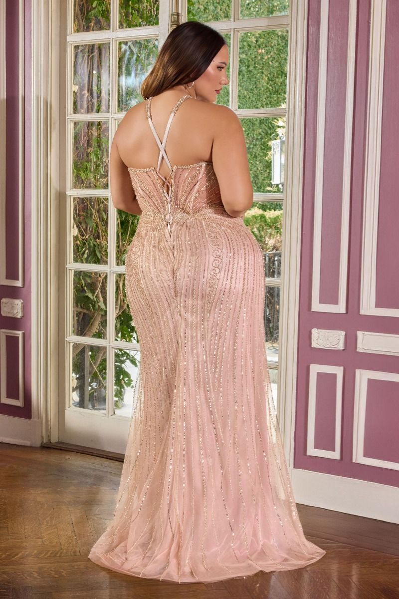 Plus Size Dresses Beaded Fitted Long Formal Plus Size Dress Mocha Gold-Mesh-CC416C-Beaded