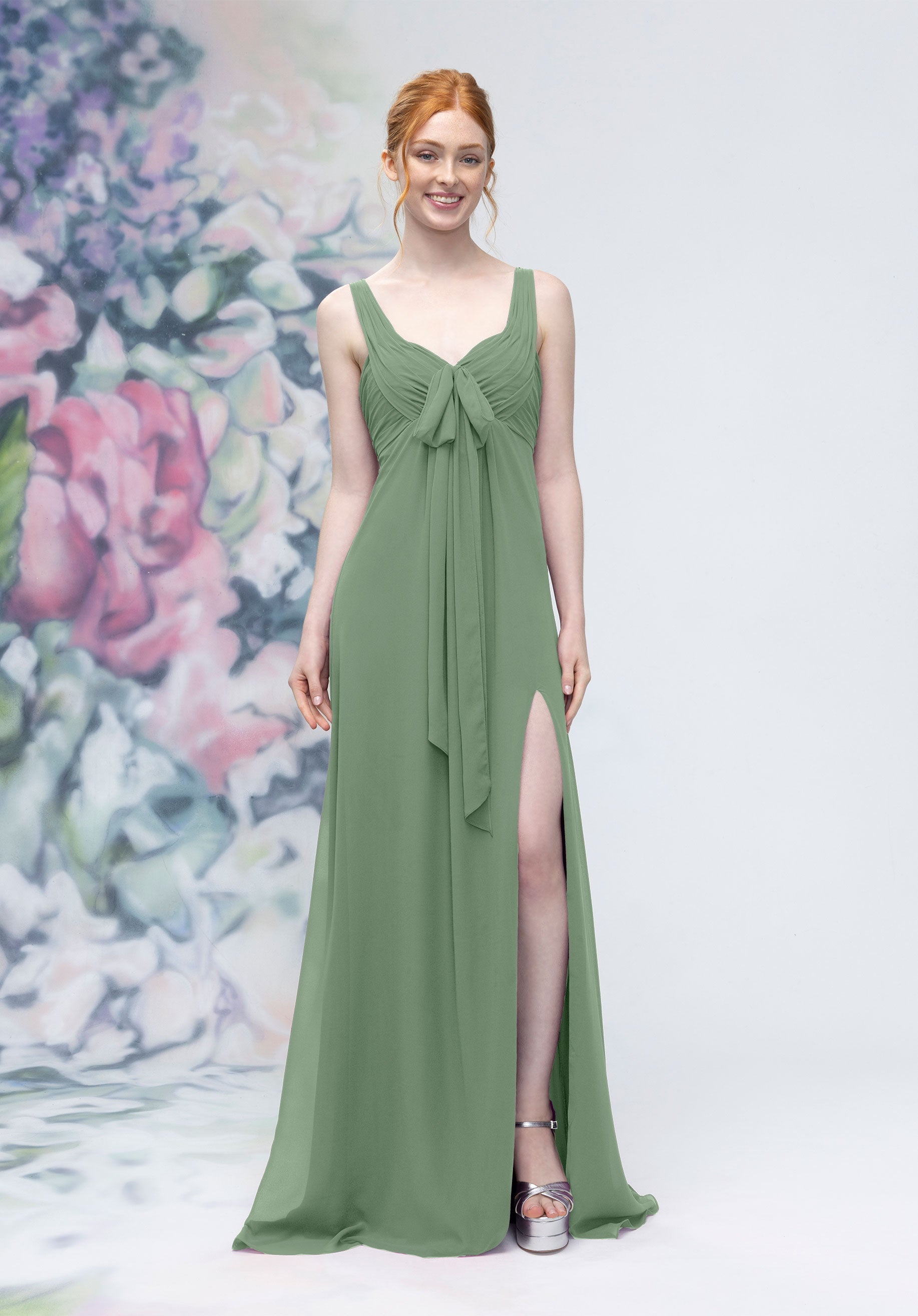 Formal Dresses A Line Long Formal Slit Dress Moss-Chiffon-3030009-Pleated