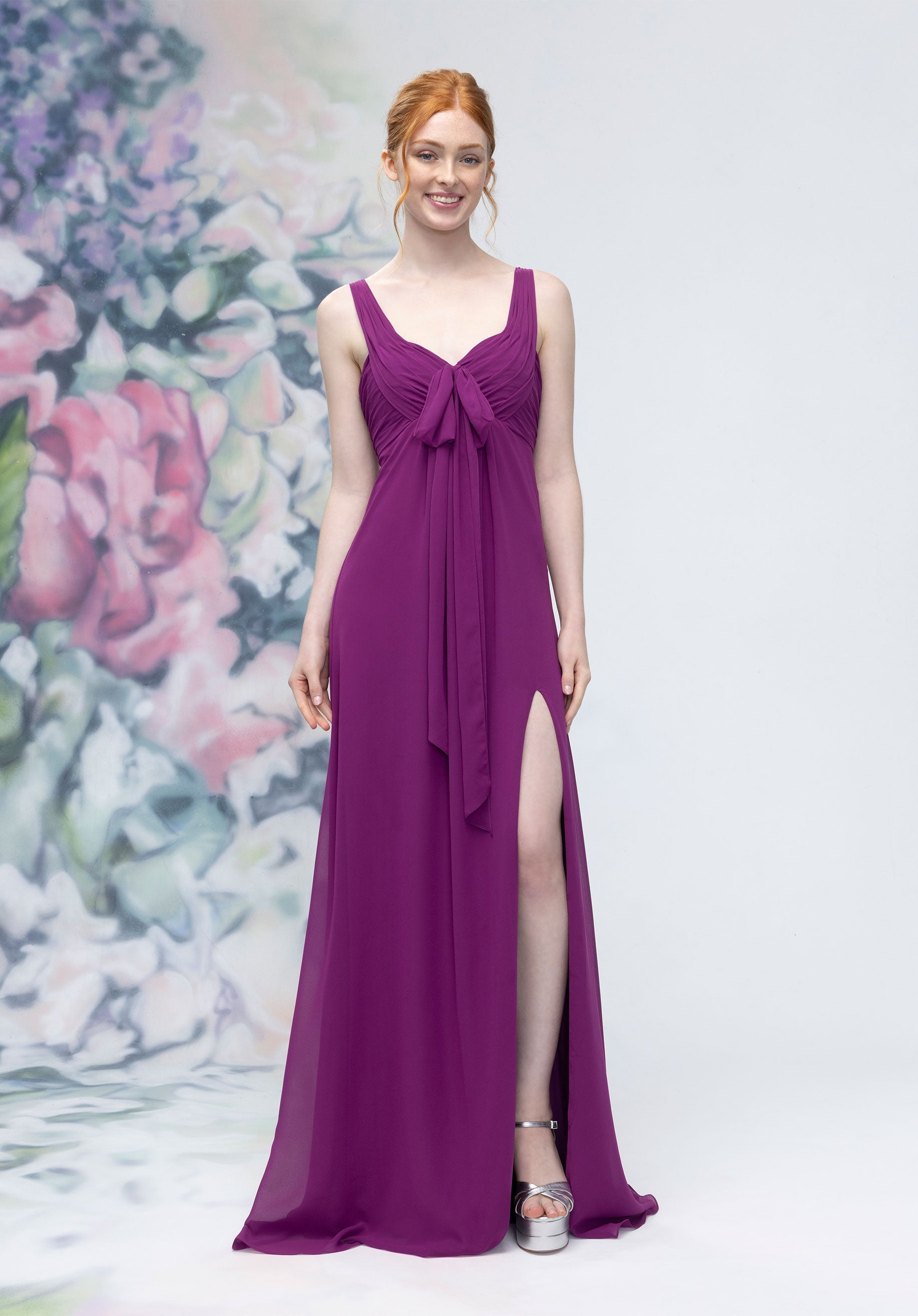 Formal Dresses A Line Long Formal Slit Dress Mulberry-Chiffon-3030009-Pleated