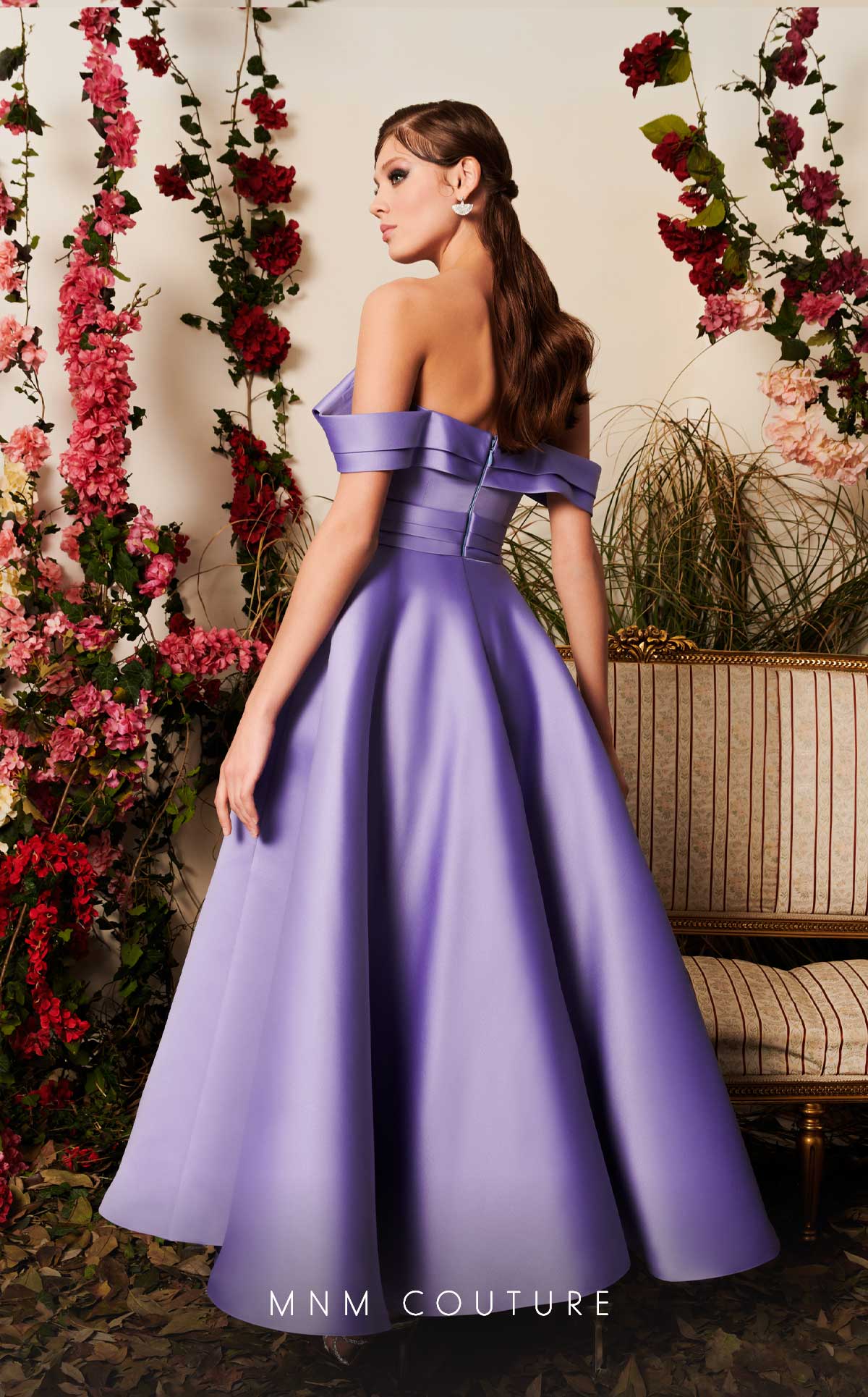 Off-the-Shoulder Tea-Length Satin Evening A-Line MNM Couture N0511