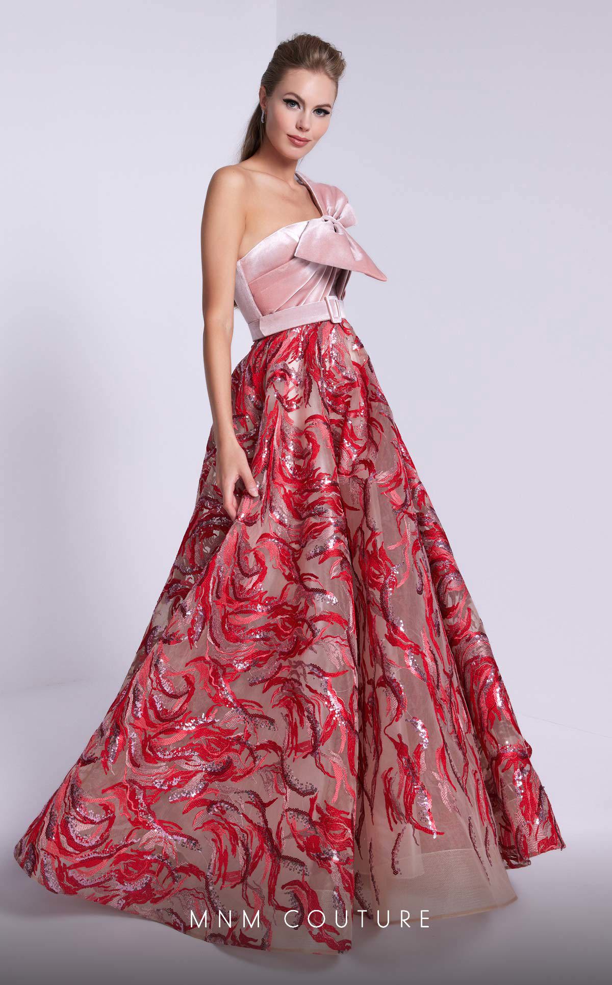 One-Shoulder Ball Gown Sequin Prom Dress by MNM Couture N0576 in Pink