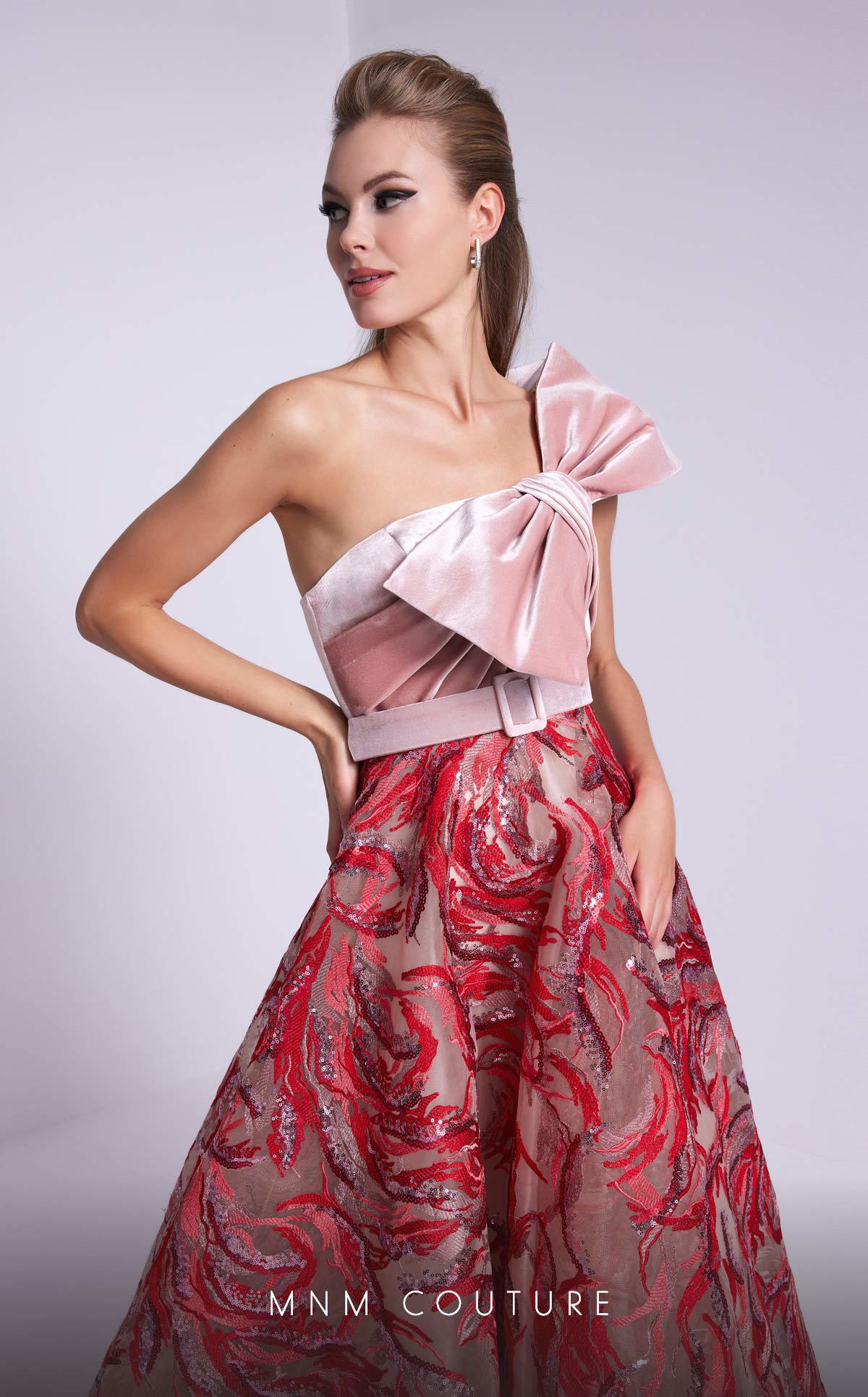 One-Shoulder Ball Gown Sequin Prom Dress by MNM Couture N0576 in Pink
