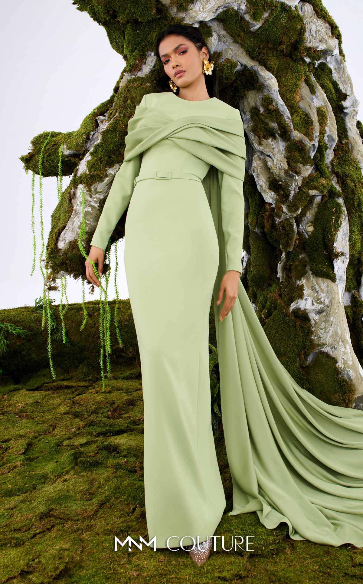 Mother of the Bride Dresses Long Sleeve Formal Fitted Cape Mother of the Bride Dress MNM Couture N0672 Olive