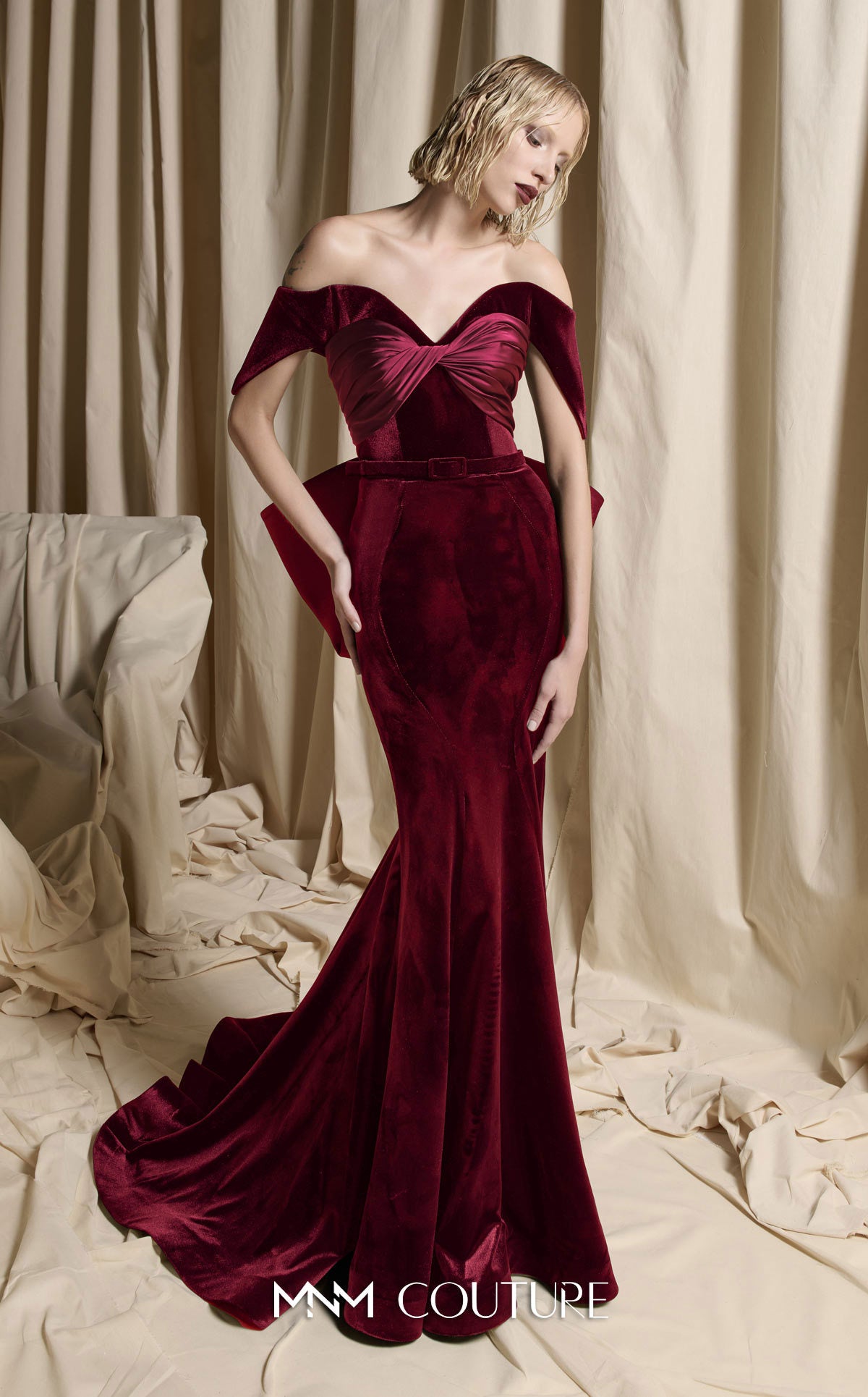 Prom Dresses Long Formal Pleated Velvet Prom Dress MNM Couture N0702 Red
