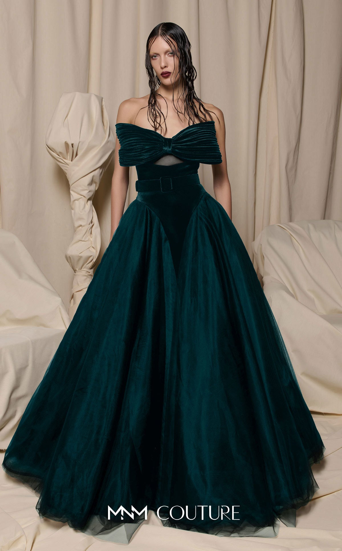 Prom Dresses Long Formal Beaded Lace Applique Velvet Prom Dress MNM Couture N0713 Petrol