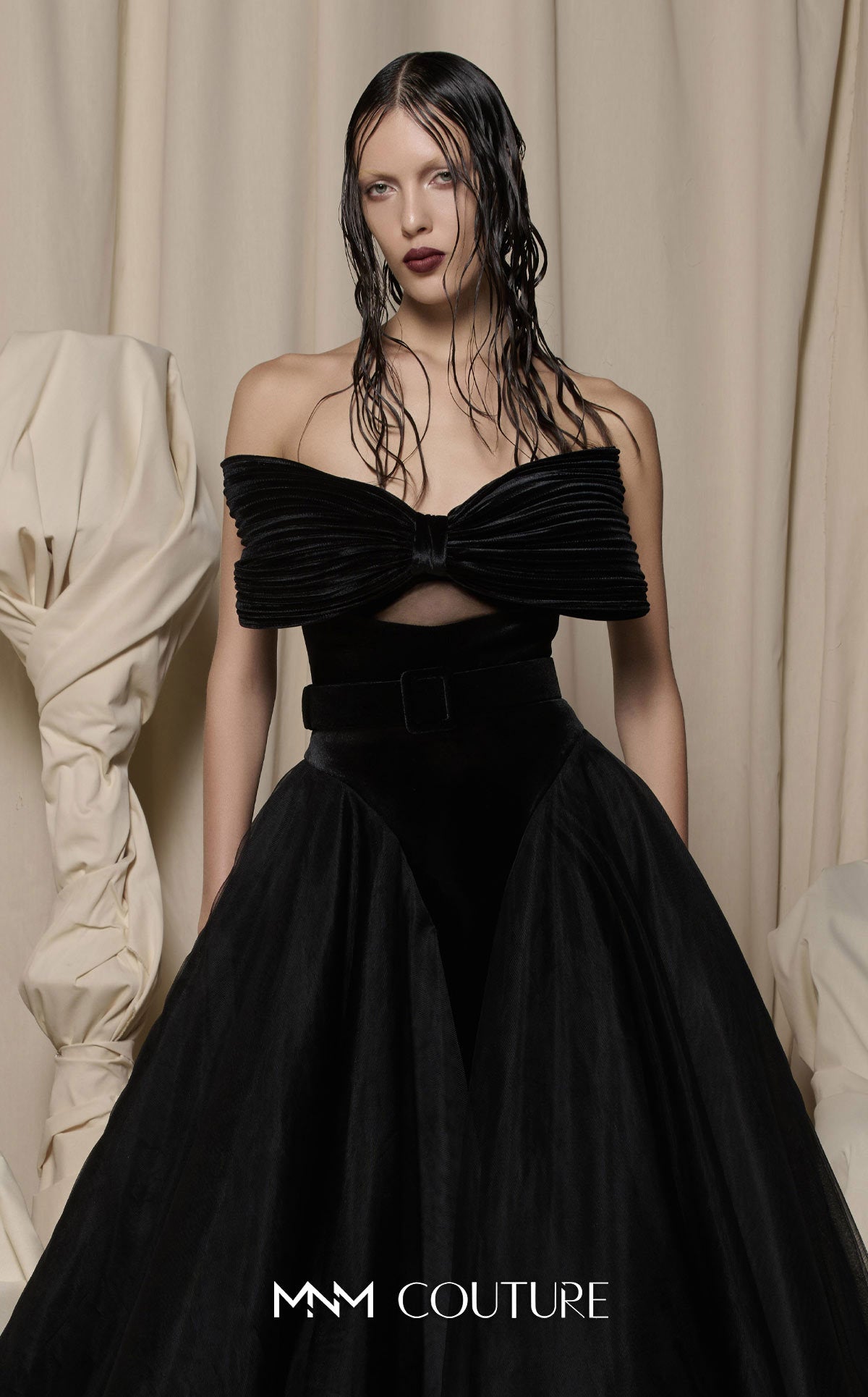 Prom Dresses Long Formal Beaded Lace Applique Velvet Prom Dress MNM Couture N0713 Black