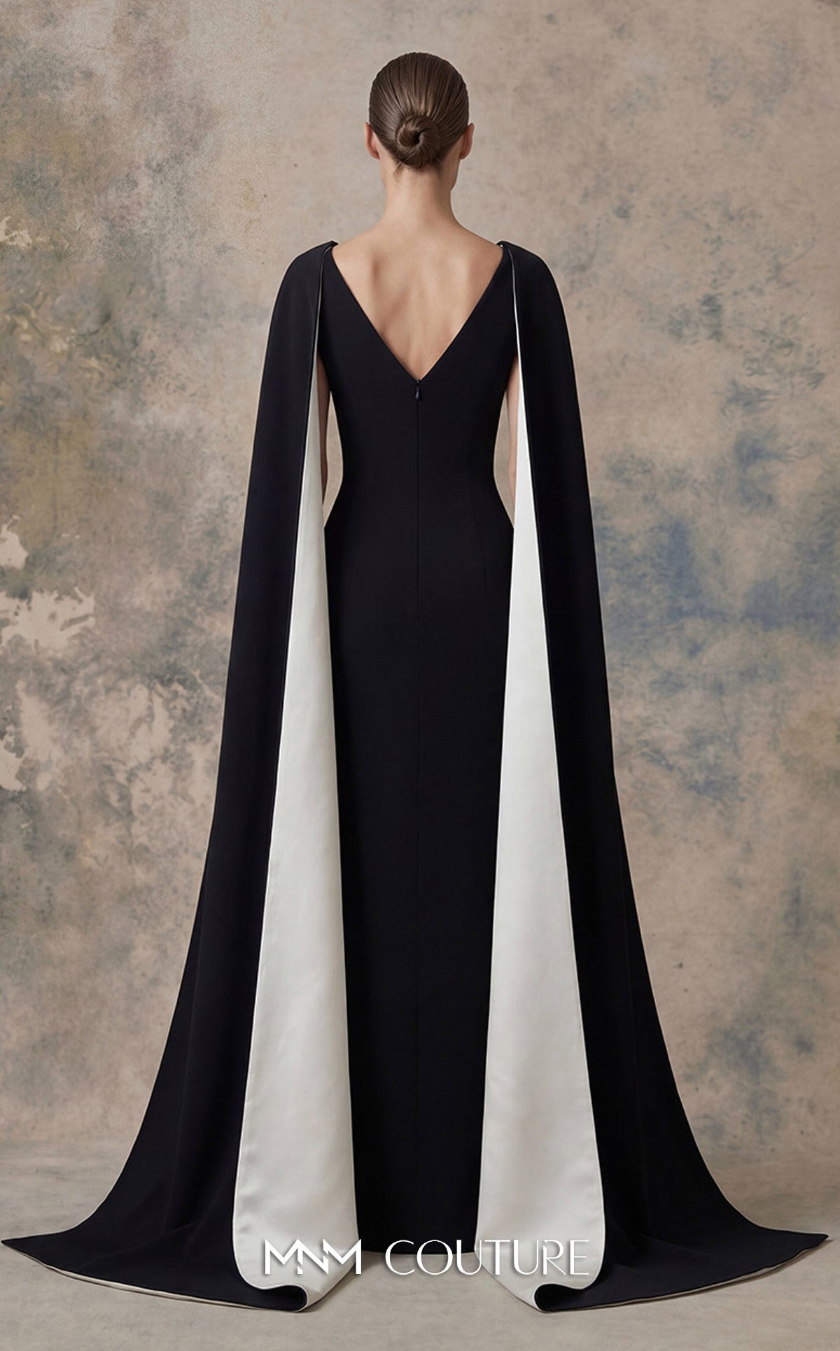 Black/White V-Neck Floor-Length Crepe Mother of the Bride Cape Sleeve Gown MNM Couture N0746