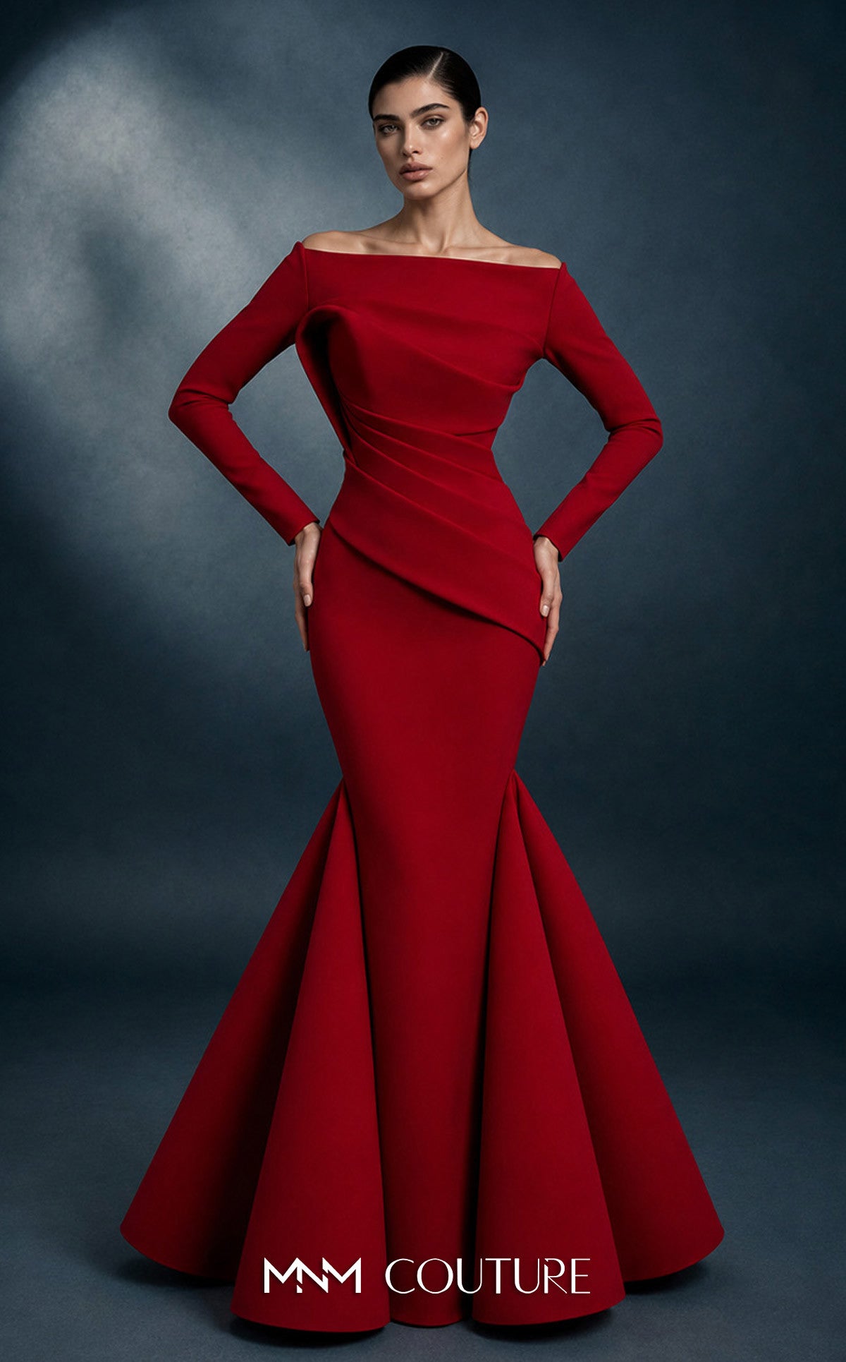 Red Off-the-Shoulder Floor-Length Crepe Prom Mermaid Gown MNM Couture N0761