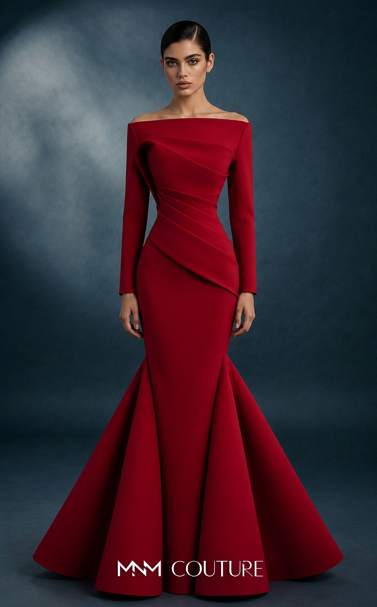 Red Off-the-Shoulder Floor-Length Crepe Prom Mermaid Gown MNM Couture N0761