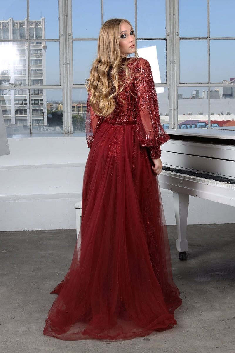 Formal Dresses Fitted Long Overskirt Formal Evening Lace Dress Burgundy