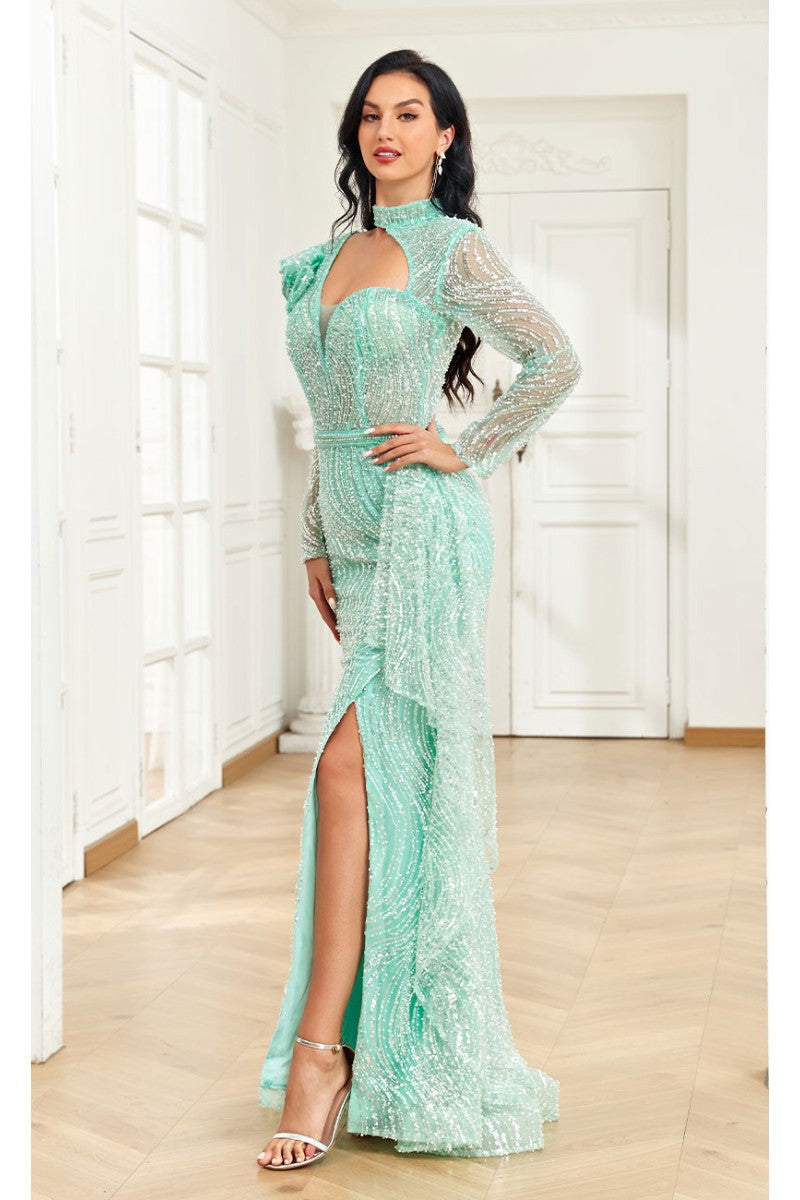 Formal Dresses Fitted Long Ruffle Sequin Formal Evening Dress Mint