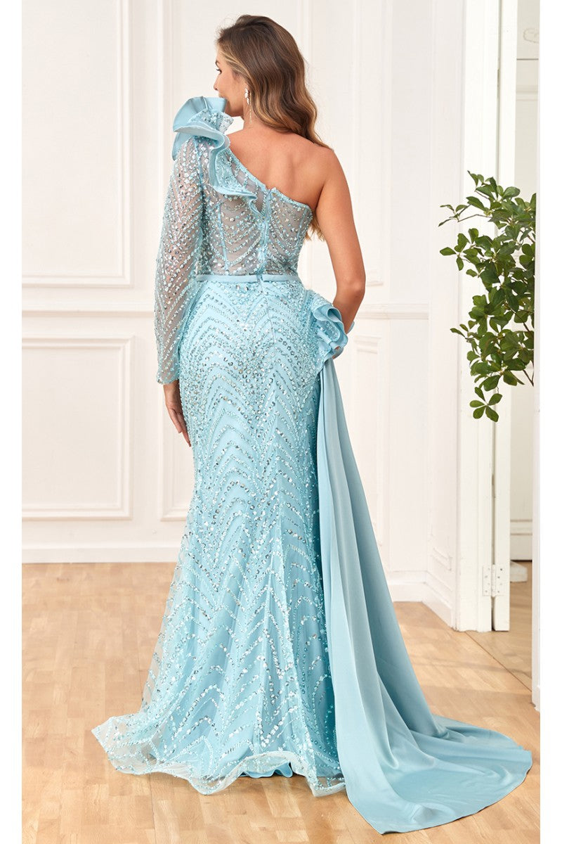 Formal Dresses Fitted Long Formal Beaded Sequin Evening Dress Baby Blue