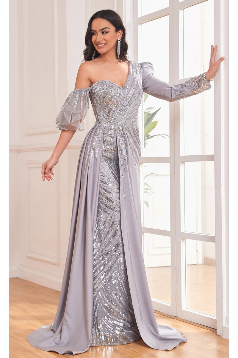 Formal Dresses Overskirt Long Floral Formal Evening Fitted Dress Grey