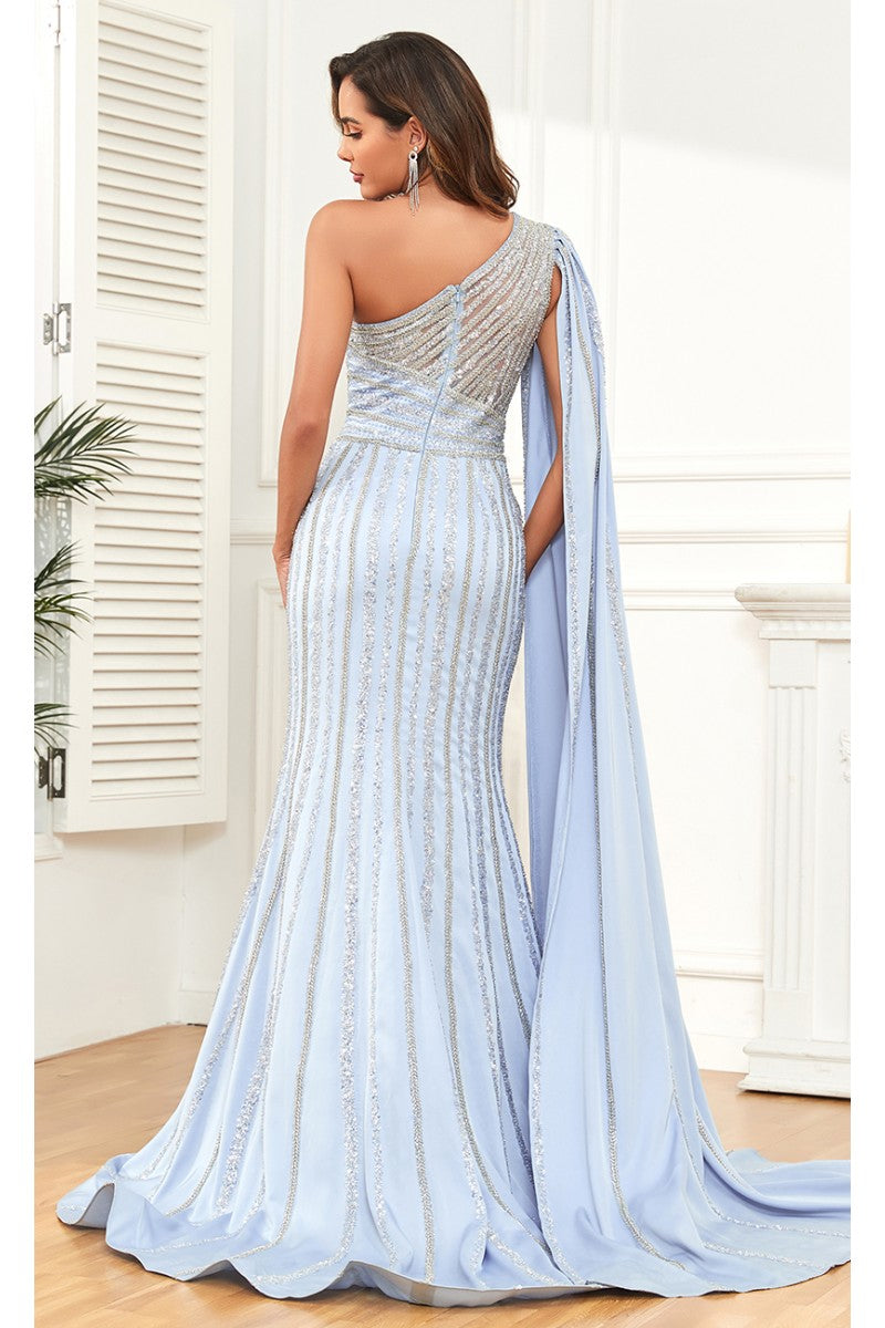 Formal Dresses Beaded Long Fitted Formal Glitter Evening Dress Blue