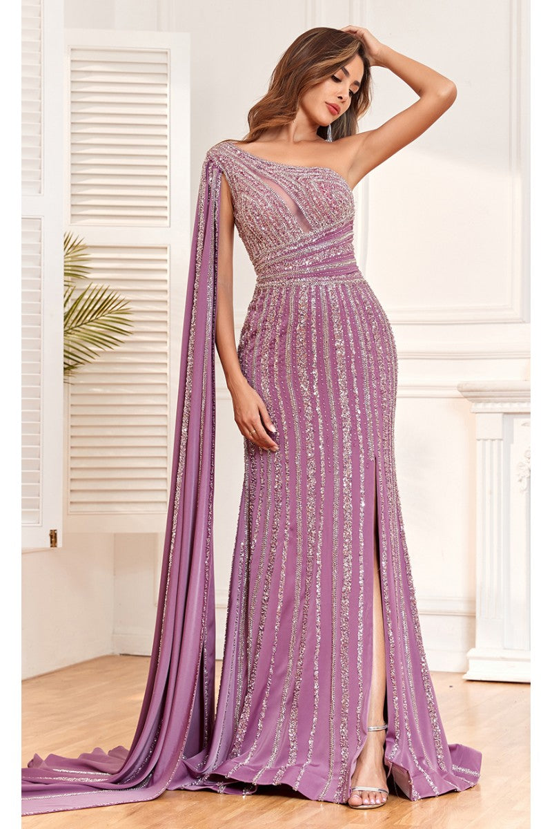 Formal Dresses Beaded Long Fitted Formal Glitter Evening Dress Purple