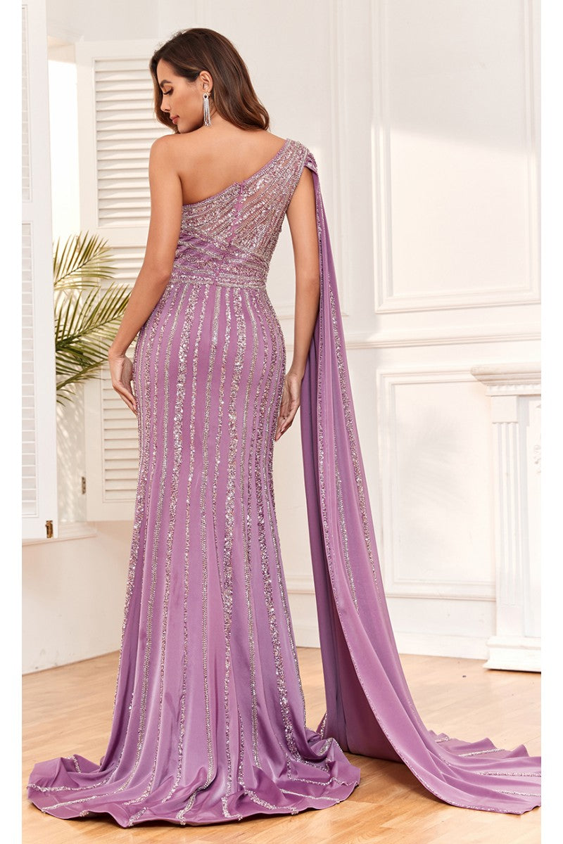 Formal Dresses Beaded Long Fitted Formal Glitter Evening Dress Purple