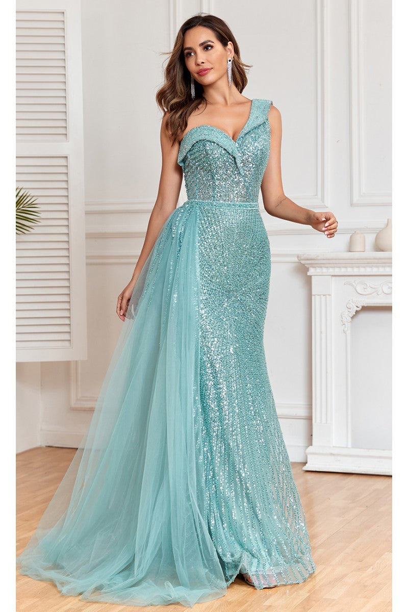 Formal Dresses Fitted Long Overskirt Beaded Formal Sequin Evening Dress Mint