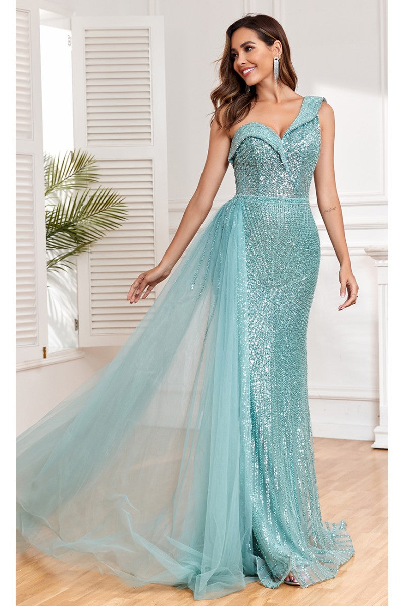 Formal Dresses Fitted Long Overskirt Beaded Formal Sequin Evening Dress Mint