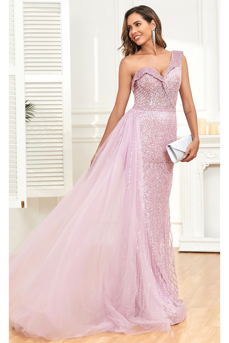 Formal Dresses Fitted Long Overskirt Beaded Formal Sequin Evening Dress Dusty Rose