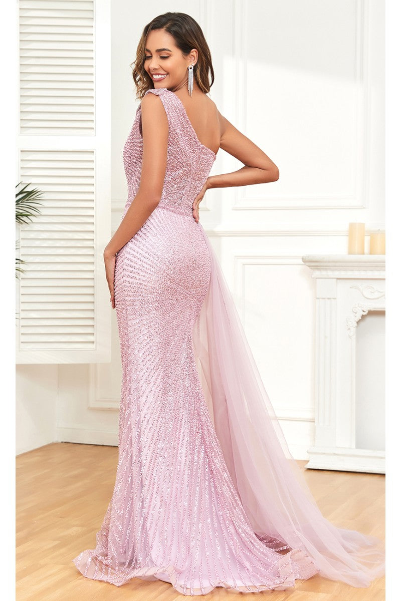 Formal Dresses Fitted Long Overskirt Beaded Formal Sequin Evening Dress Dusty Rose