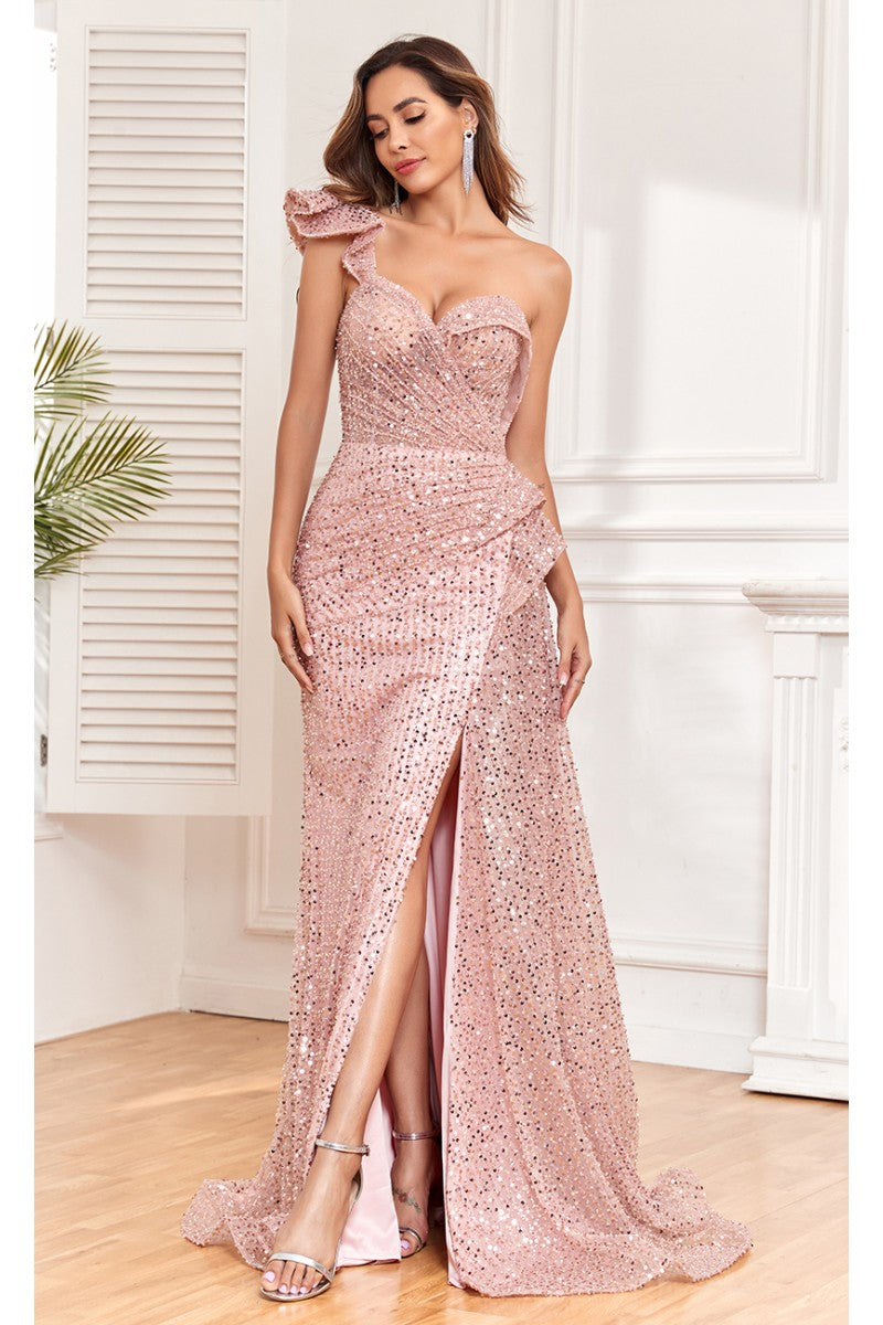 Prom Dresses Long Slit Formal Sequin Evening Dress Rose