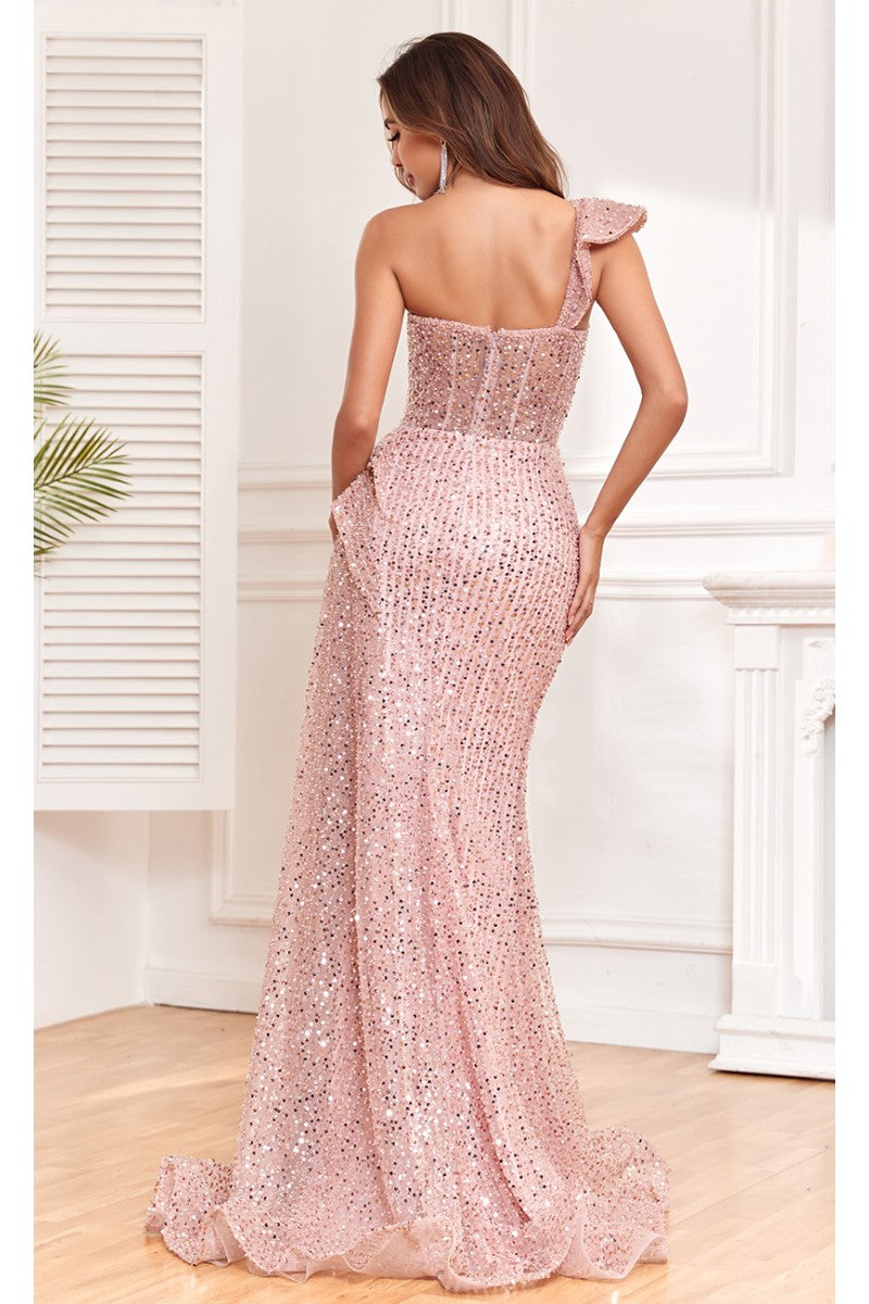 Prom Dresses Long Slit Formal Sequin Evening Dress Rose