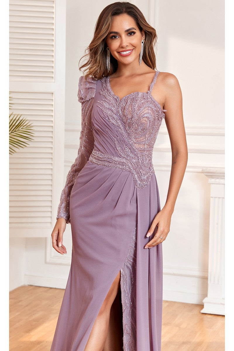 Formal Dresses Fitted Slit Formal Long Evening Beaded Dress Purple