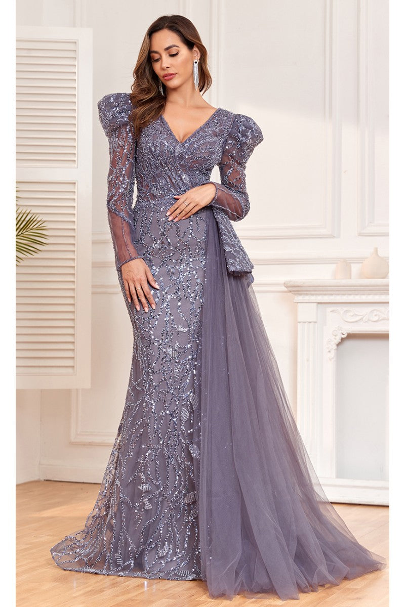 Formal Dresses Fitted Long Evening Lace Sequin Dress Plum