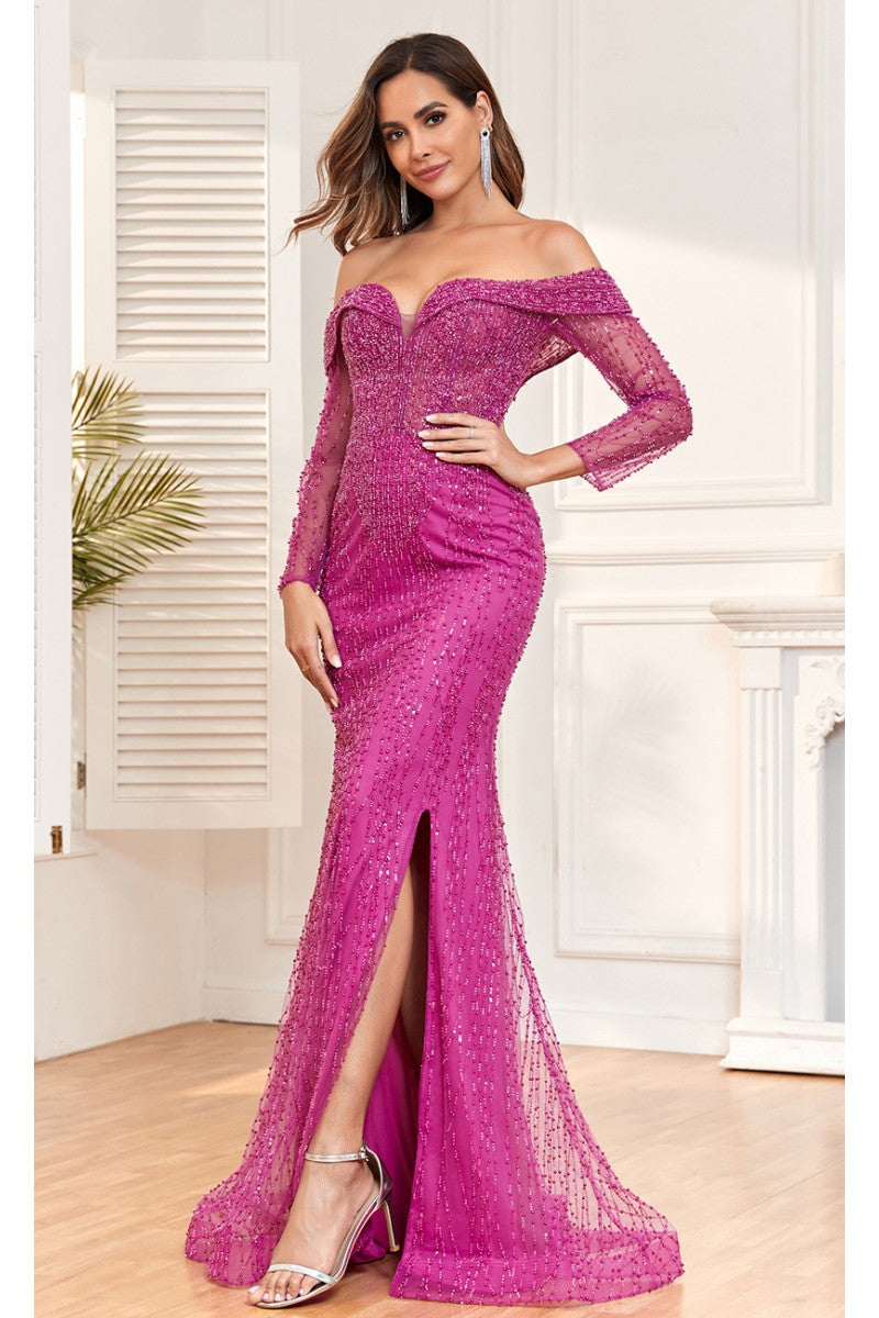 Formal Dresses Fitted Slit Long Beaded Evening Formal Dress Fuchsia