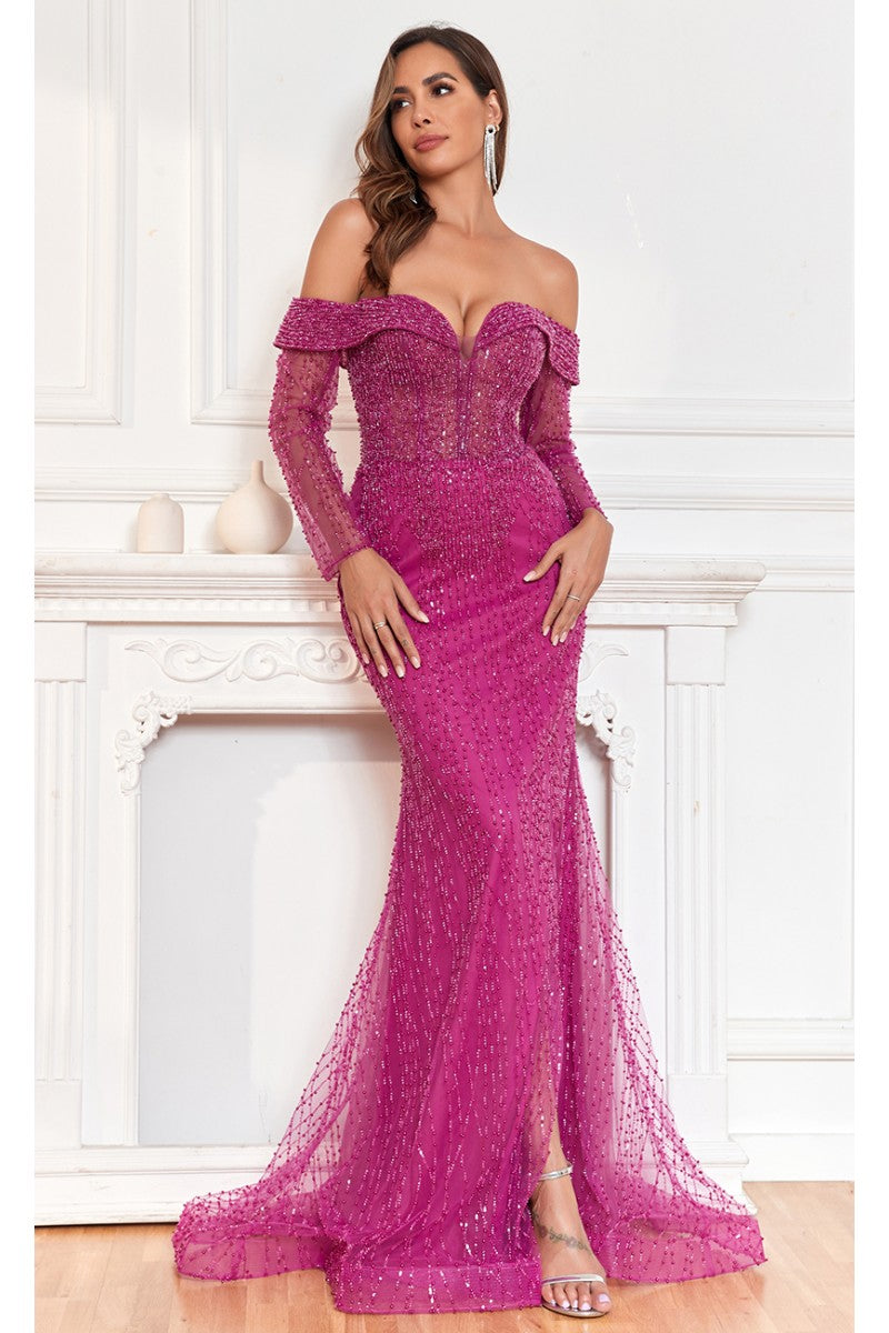 Formal Dresses Fitted Slit Long Beaded Evening Formal Dress Fuchsia