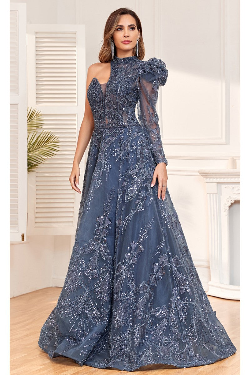 Formal Dresses Beaded Sequin Long Formal Evening A Line Dress Navy