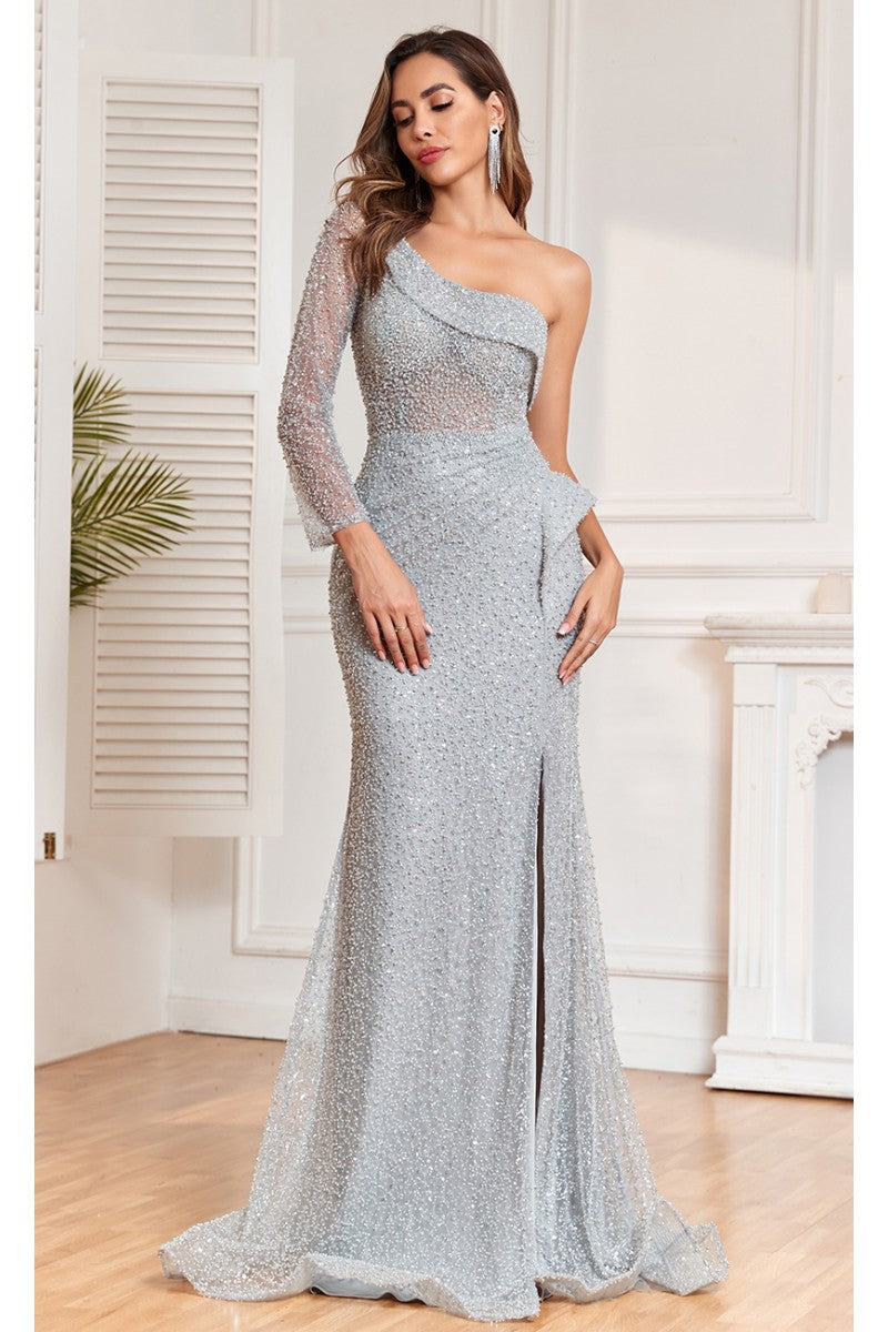 Formal Dresses Long Slit Formal Beaded Sequin Evening Dress Gray