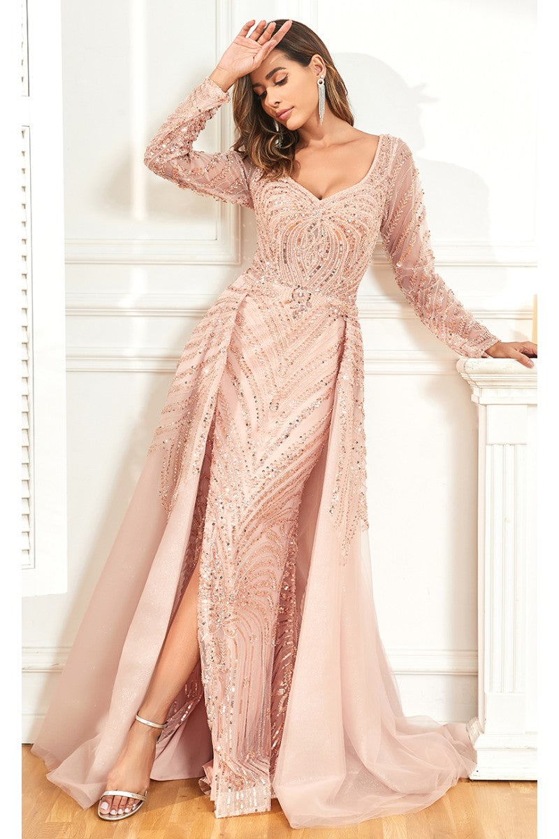 Formal Dresses Long Formal Slit Beaded Evening Overskirt Dress Pink