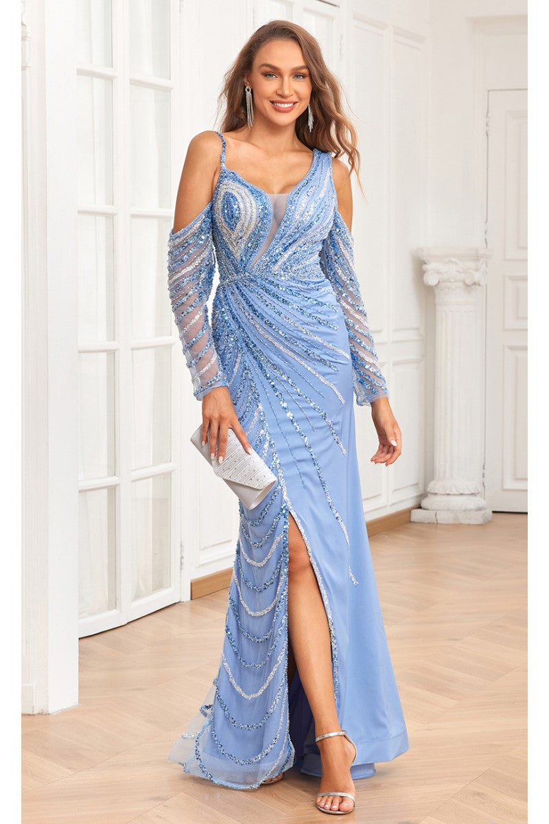 Formal Dresses Beaded Slit Formal Long Evening Mermaid Dress Light Blue