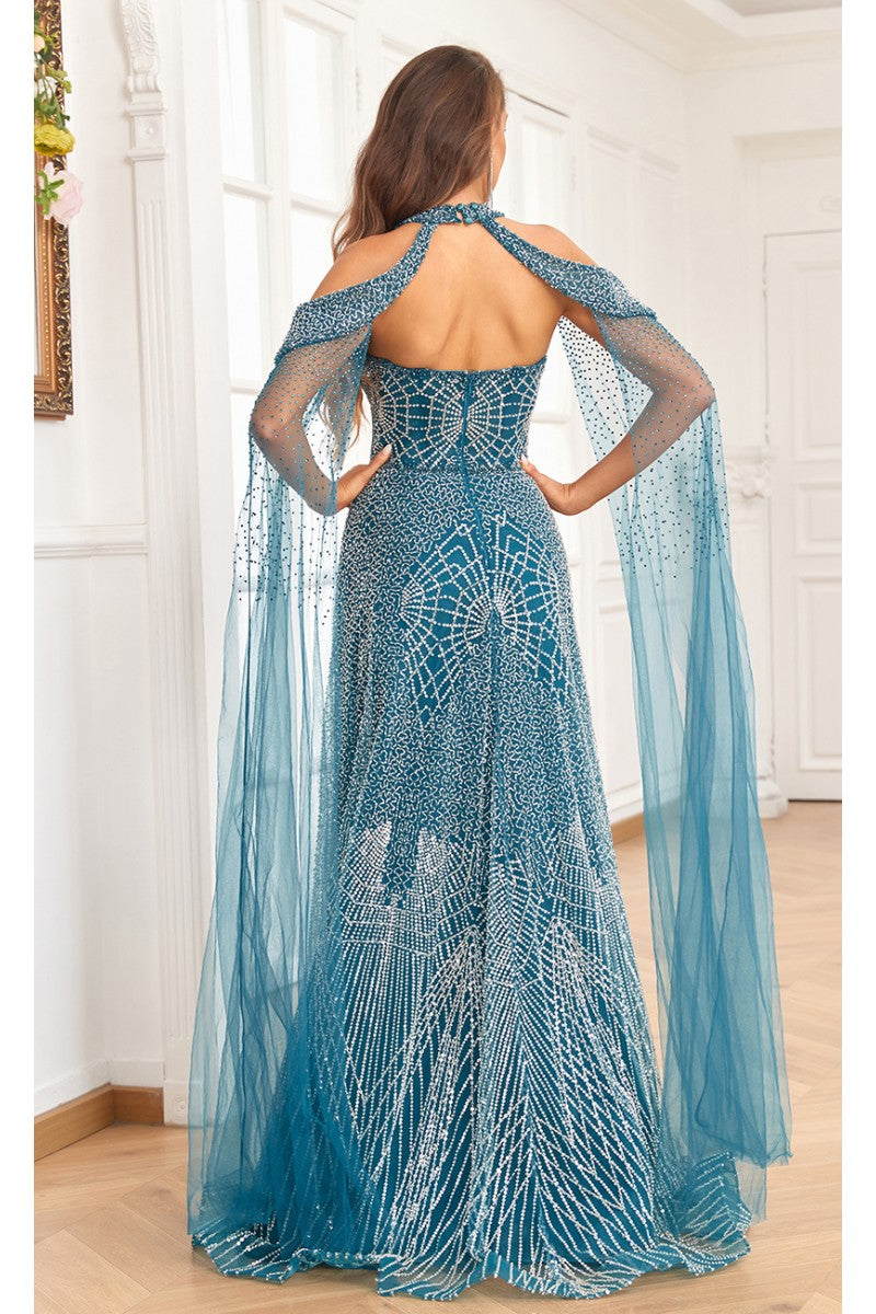 Prom Dresses A Line Ball Gown Long Formal Beaded Prom Dress Turquoise