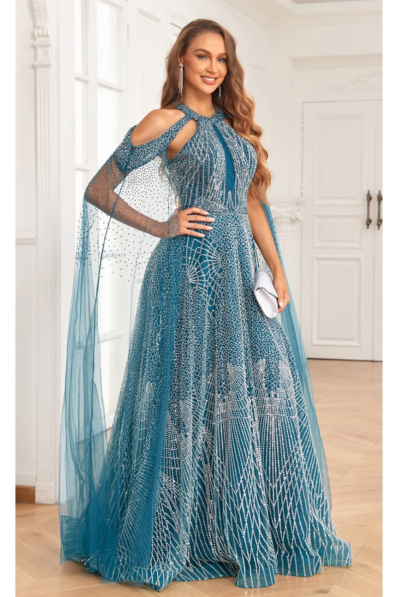 Prom Dresses A Line Ball Gown Long Formal Beaded Prom Dress Turquoise