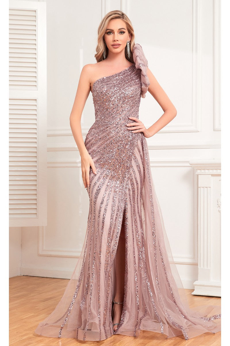 Formal Dresses Beaded Sequin Long Formal Evening Slit Dress Dusty Rose