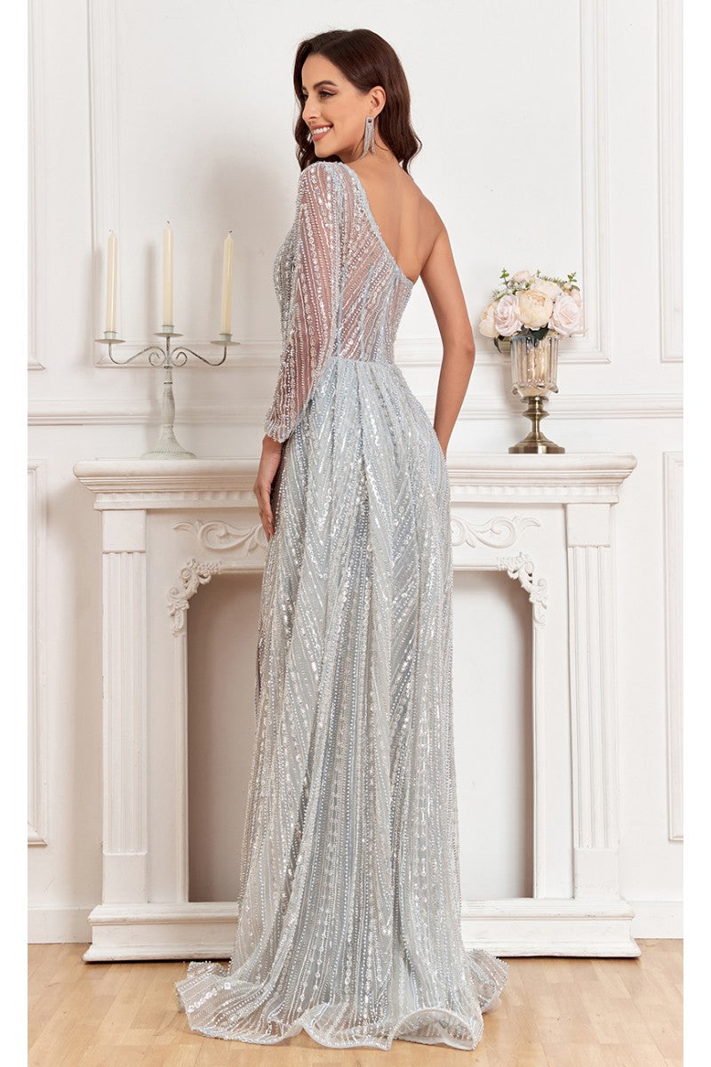 Formal Dresses Long Slit Formal Fitted Evening Bedaded Dress Blue