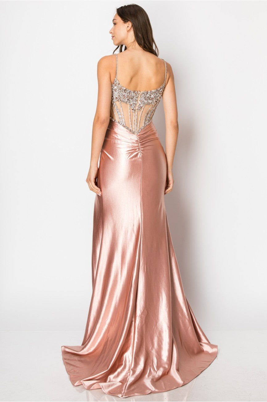 Prom Dresses Fitted Long Formal Slit Evening Dress Rose Gold