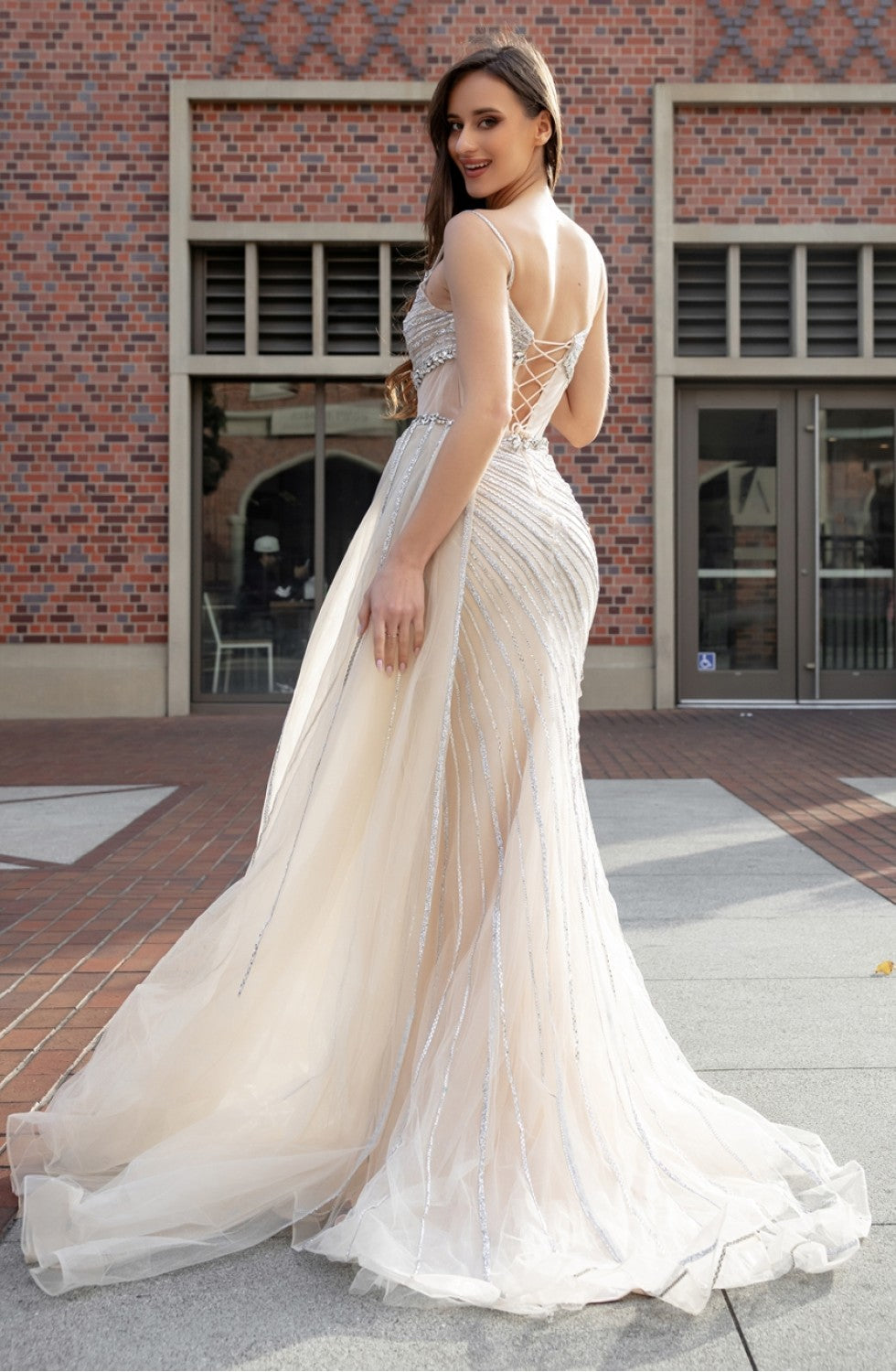 Prom Dresses Beaded Long Formal Slit Prom Dress Nude