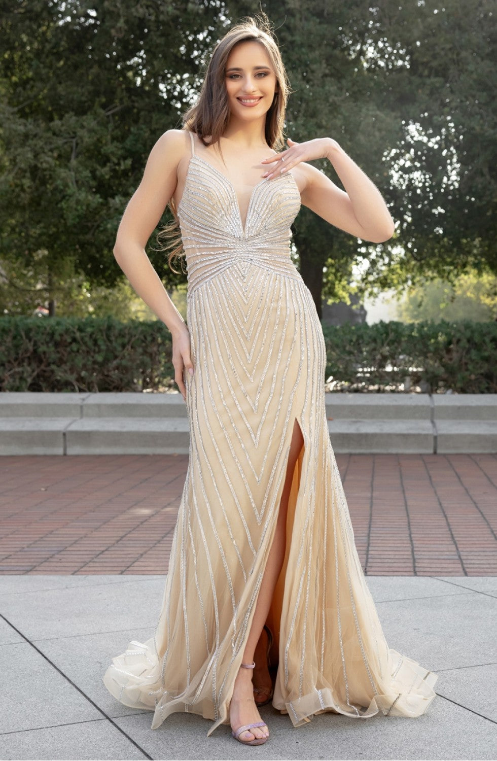 Prom Dresses Long Fitted Slit Formal Prom Dress Nude