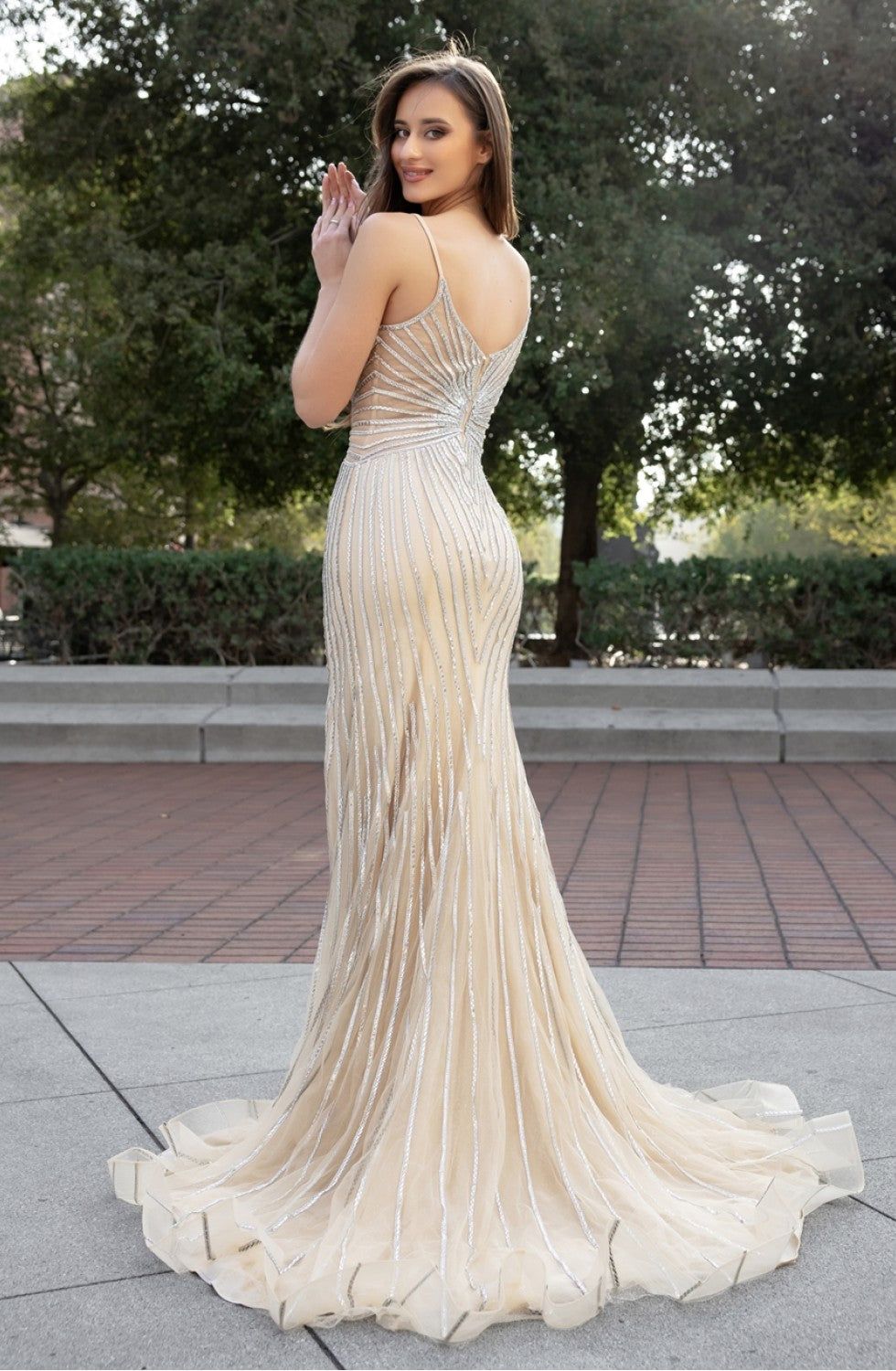Prom Dresses Long Fitted Slit Formal Prom Dress Nude