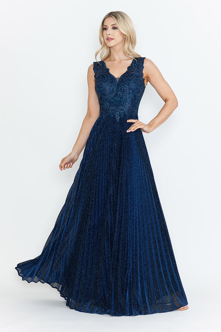 Mother of the Bride Dresses Pleated Long Formal Mother of the Bride Dress Lenovia 8341 Navy Blue-Mesh-8341-Pleated