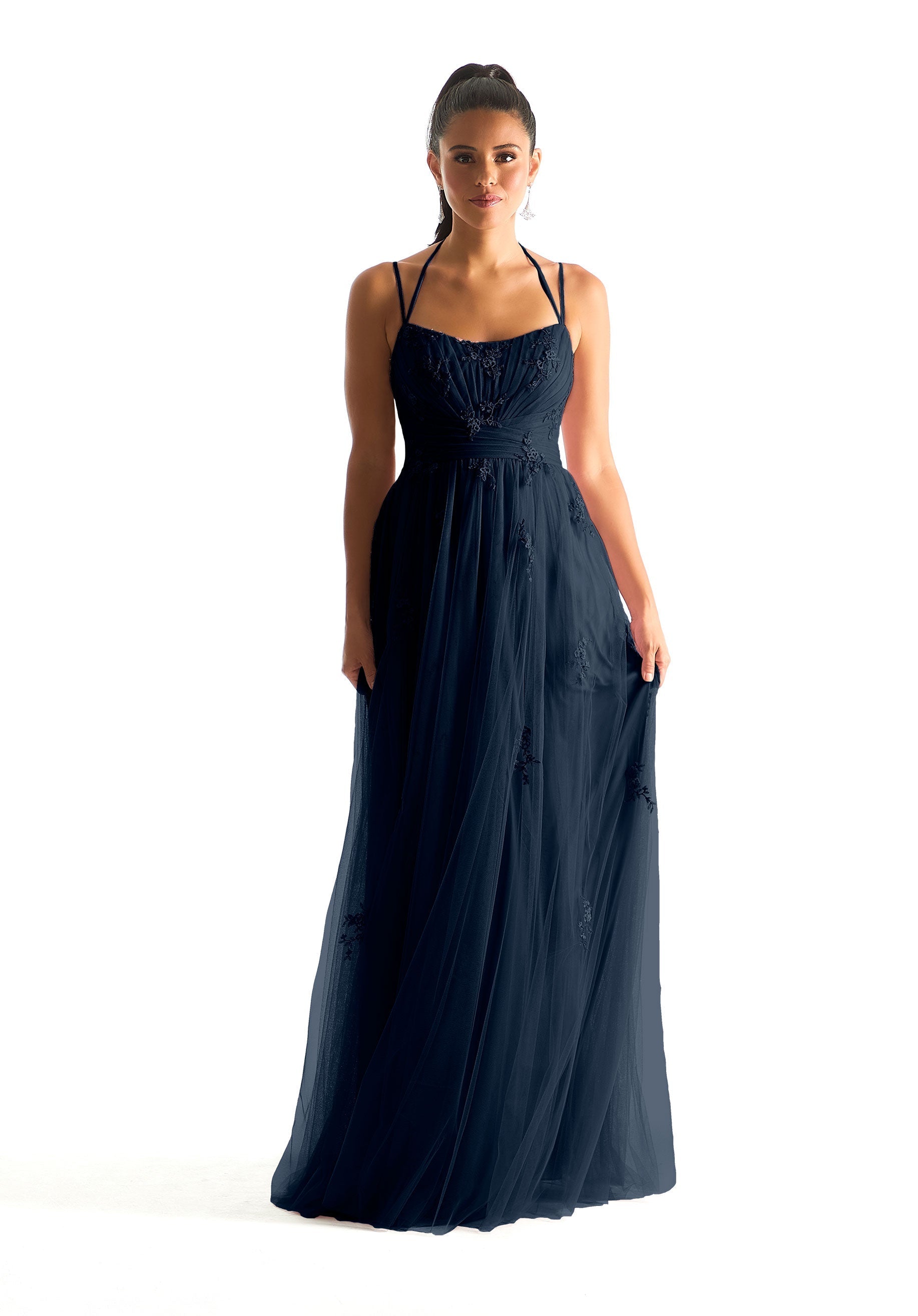 Formal Dresses Pleated Floral Long Formal Dress Navy-Net-21843-Pleated