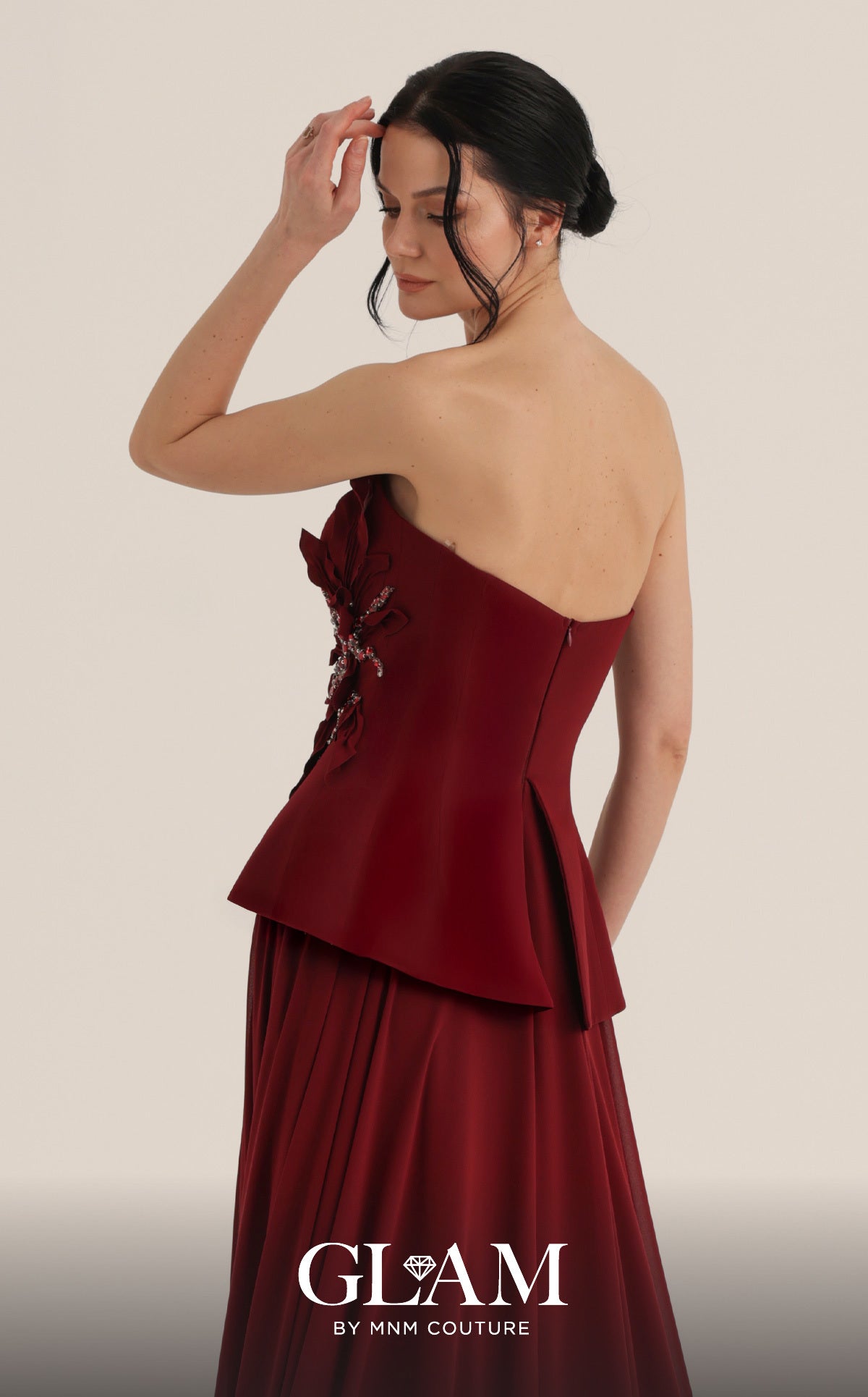 Strapless Curved Neck Floor-Length Satin Evening A-Line MNM Couture O07815